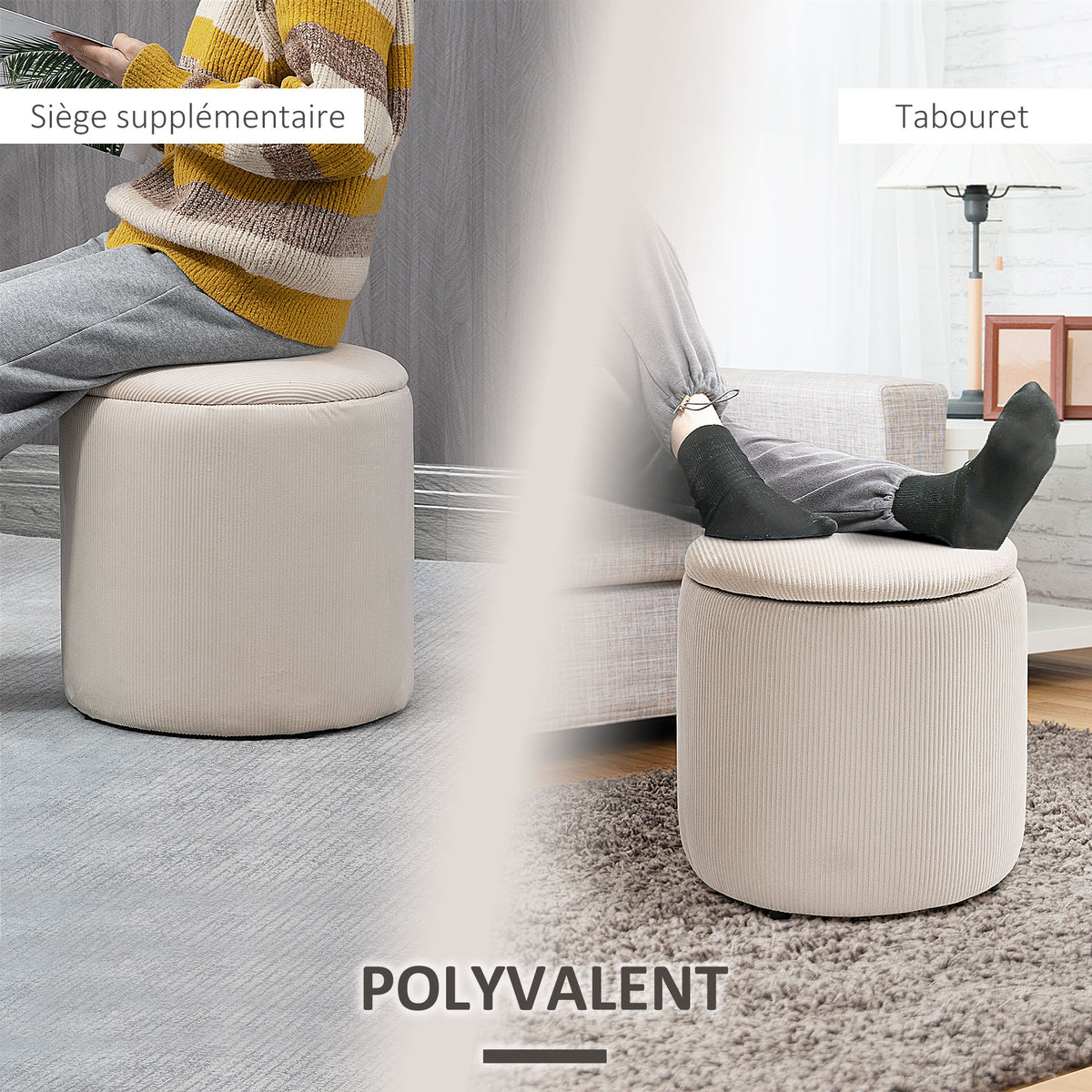 Lot de 2 poufs tabourets repose-pieds coffre de rangement en tissu aspect velours côtelé Ø40 cm et Ø30 cm, crème-6