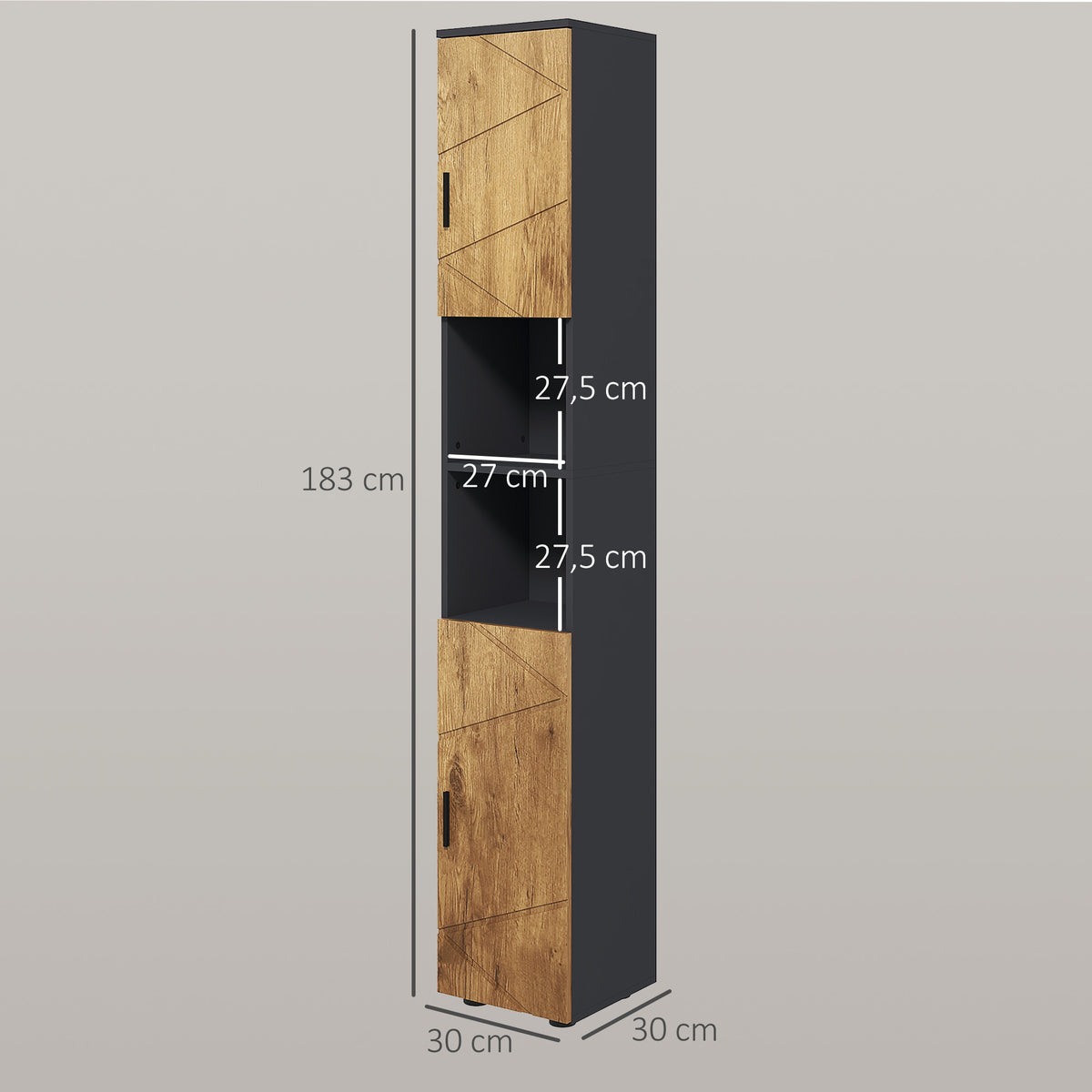 Meuble colonne armoire rangement salle de bain 2 portes étagère réglable 2 niches 30 x 30 x 183 cm chêne gris foncé-2