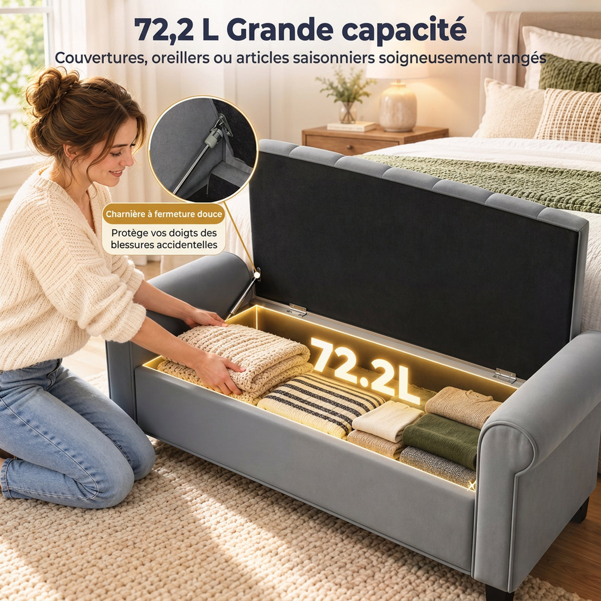 Banc de rangement bout de lit avec accoudoirs, tissu effet velours rembourré et capitonné, 126 x 48,5 x 57 cm, gris-3