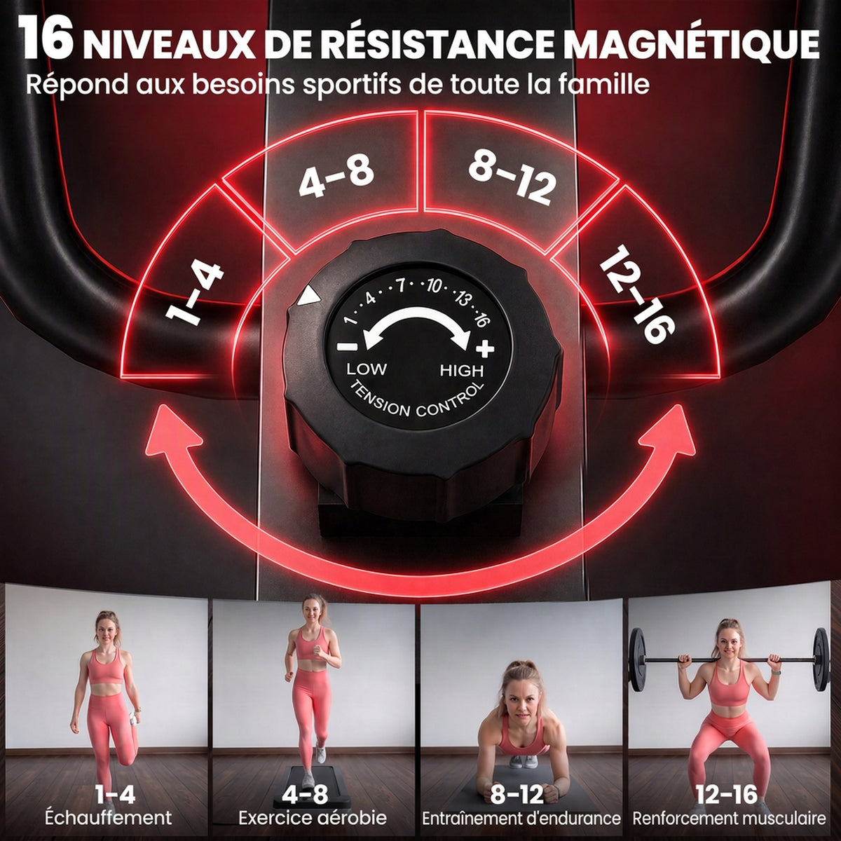 Vélo elliptique d’appartement, résistance réglable à 16 niveaux, Bluetooth, compatible appli-3