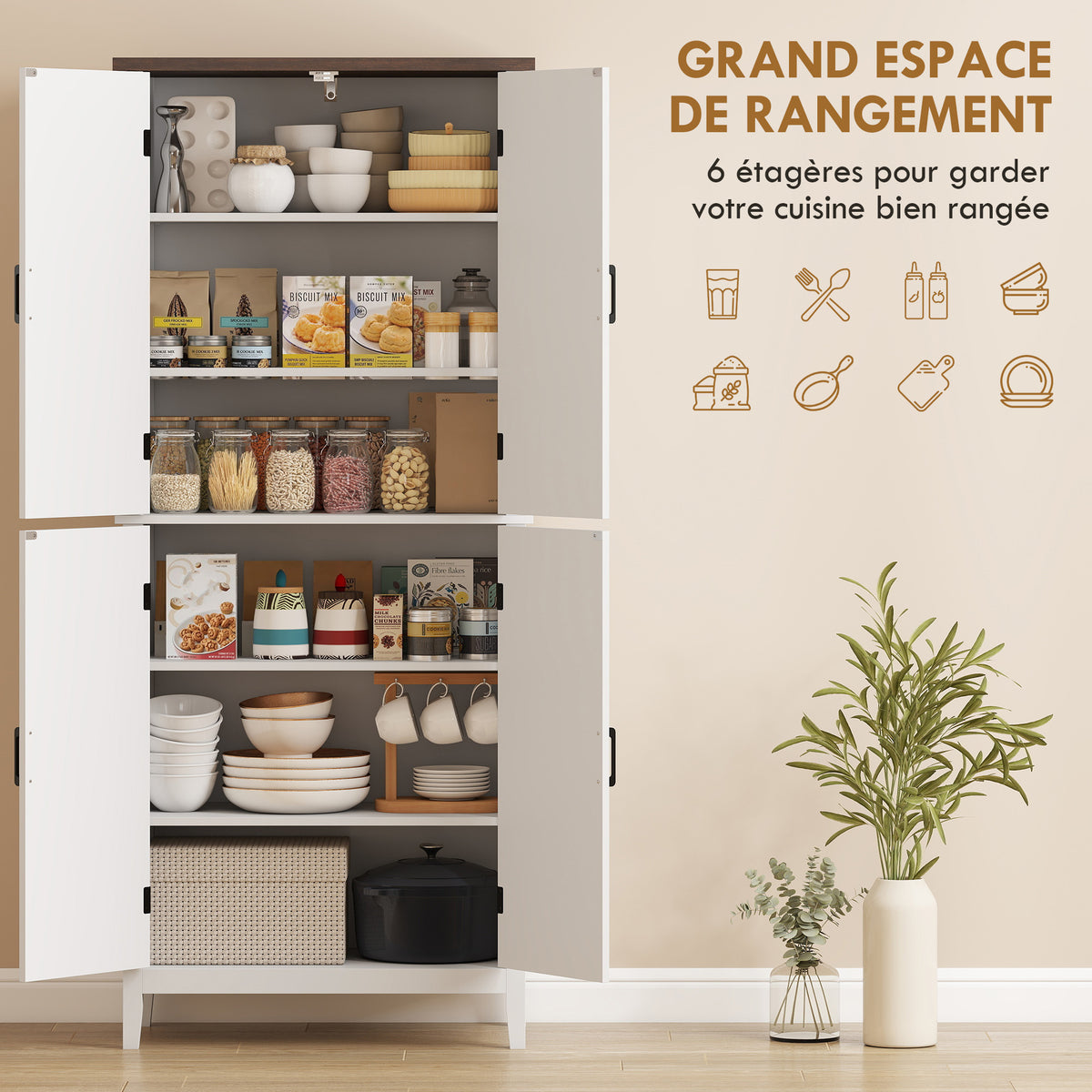 Buffet haut cuisine 6 niveaux, armoire de cuisine, 4 portes à chevrons et 4 étagères réglables, 76x40x178,5cm, blanc-3