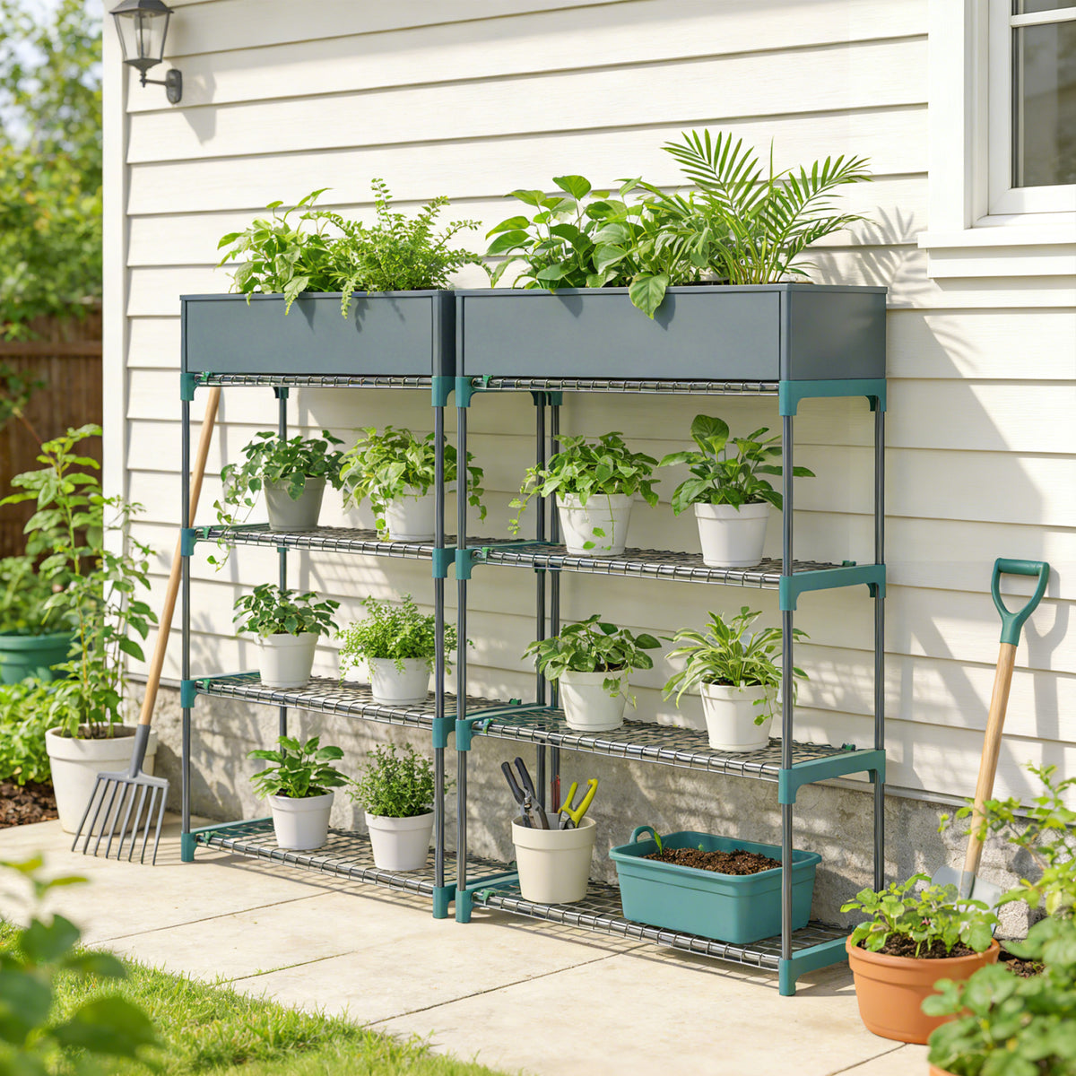 Lot de 2 Étagères à Plantes 4 Niveaux Intérieur Extérieur, Supports pour Plantes en Métal, 90 x 28 x 104 cm, Vert-8