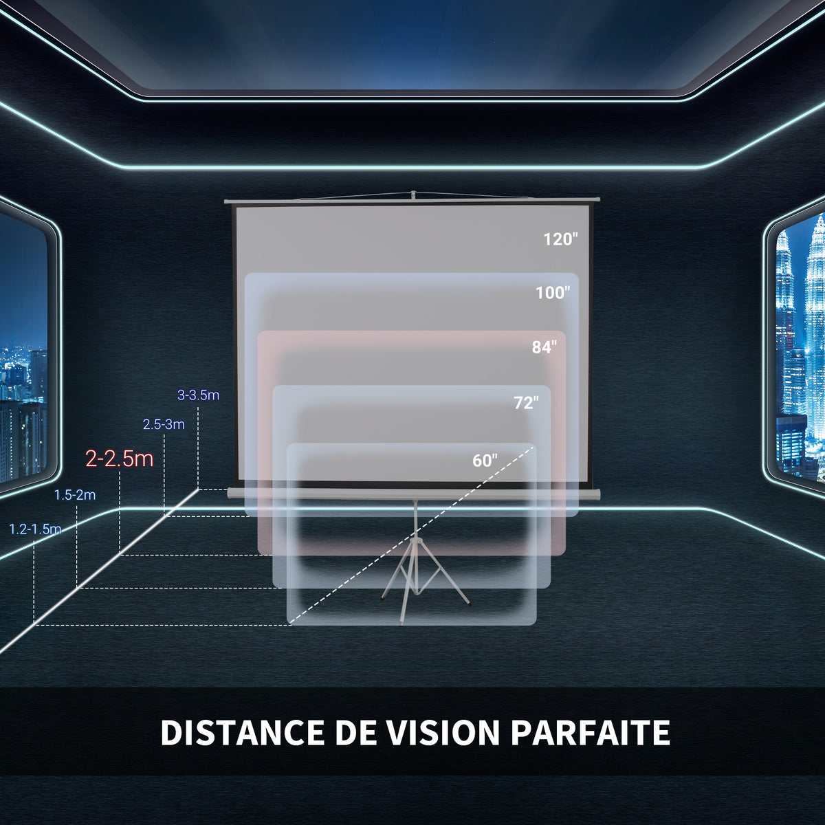 Écran de Projection avec Trépied Pliable 84 Pouces 4K HD 4:3, 180L cm, Écran Vidéoprojecteur, Hauteur Réglable, Angle de Vision 160°, pour Home Cinéma, Films en Intérieur/Extérieur, Blanc-4