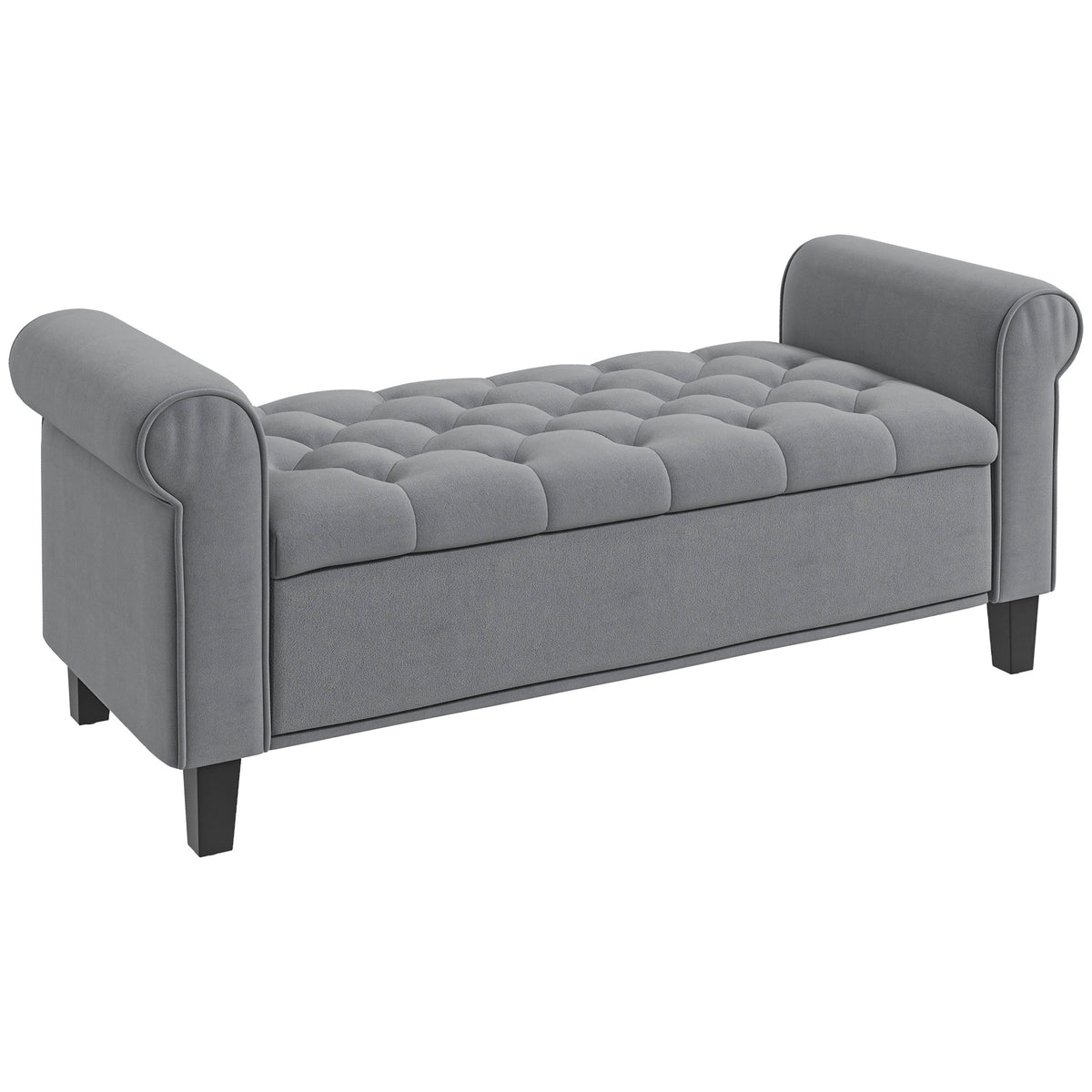 Banc de rangement bout de lit avec accoudoirs, tissu effet velours rembourré et capitonné, 126 x 48,5 x 57 cm, gris-0