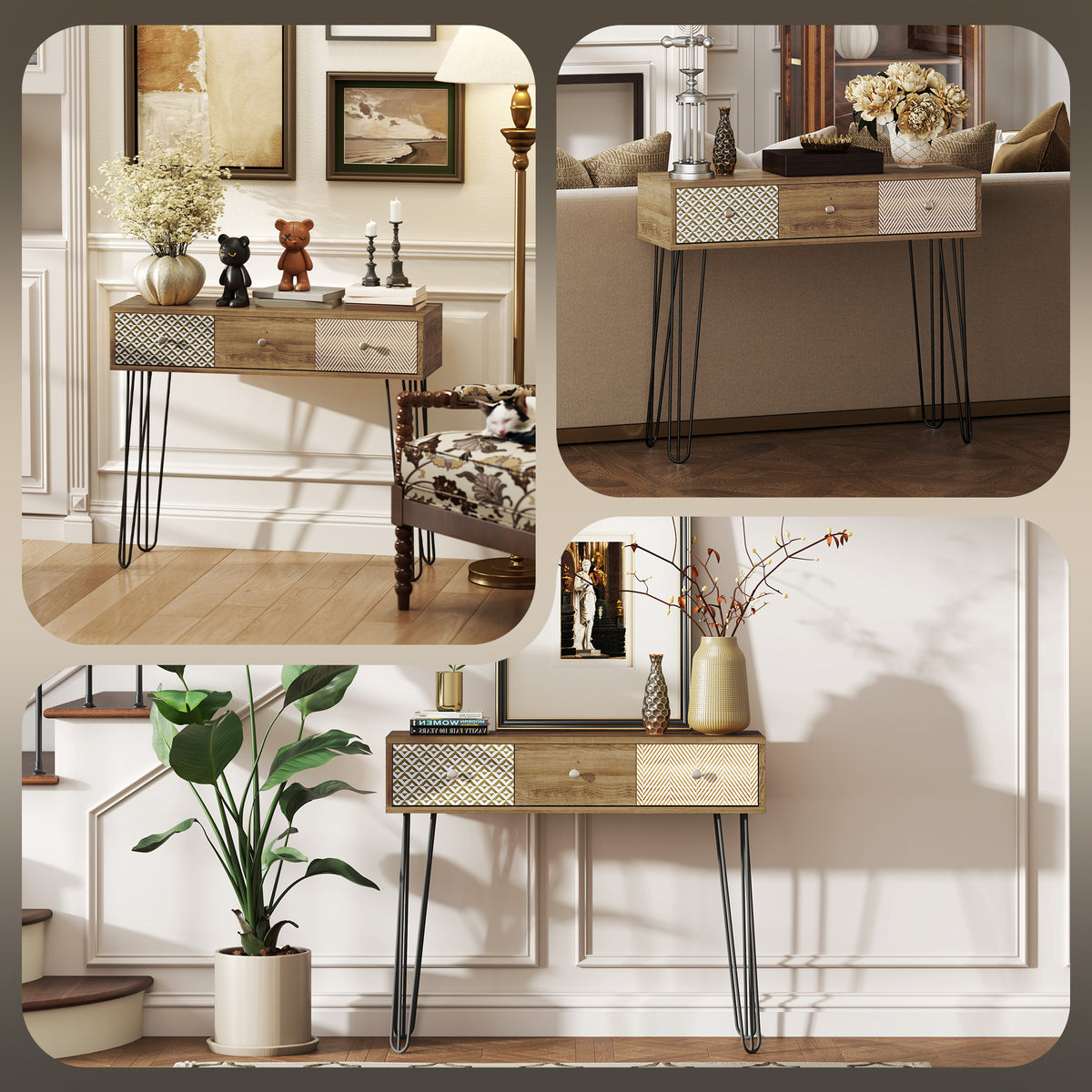Table console avec 3 tiroirs, table d'entrée étroite avec pieds en épingle à cheveux en acier, 90 x 30 x 75 cm, marron-4