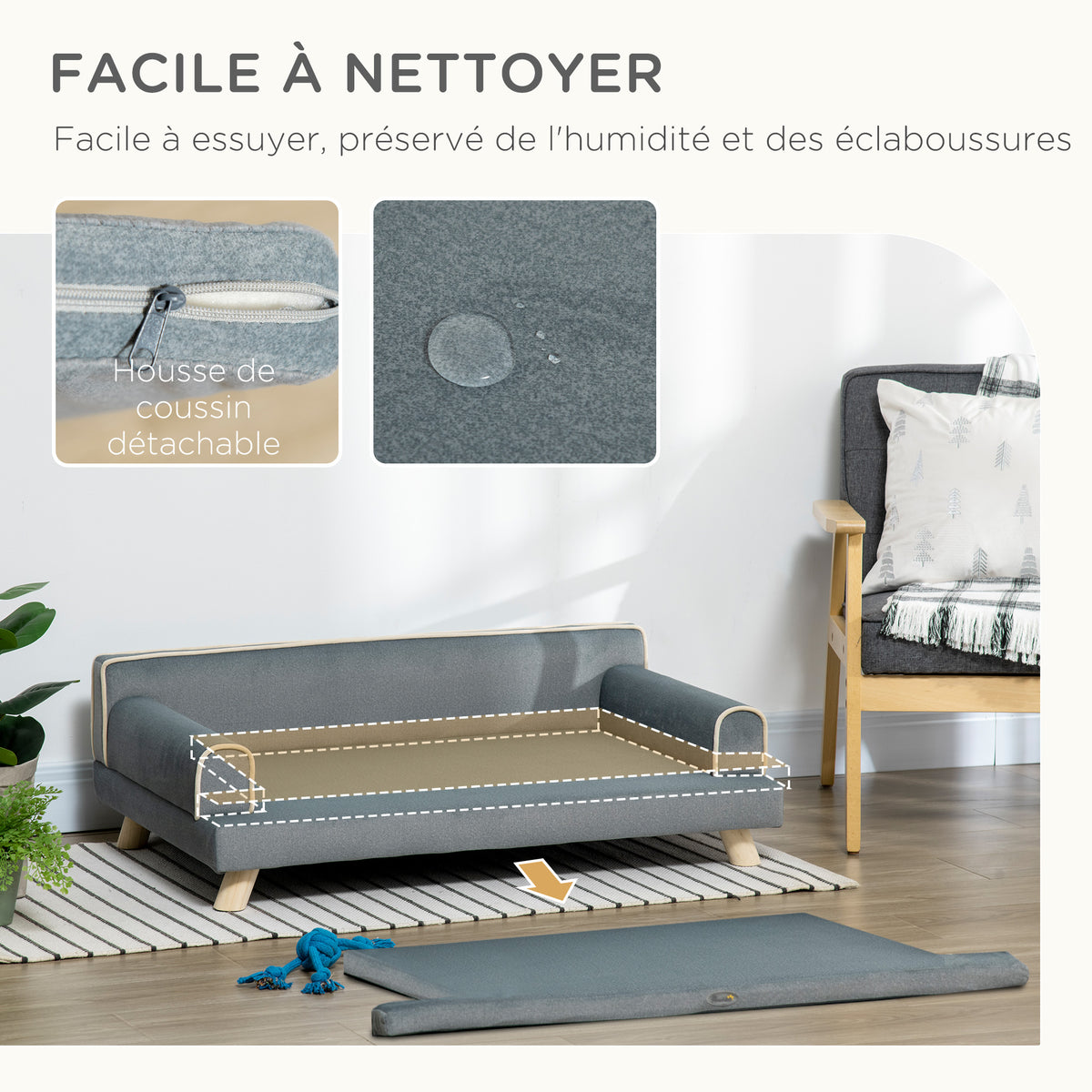 Canapé pour chien chat design scandinave coussin moelleux amovible pieds bois massif 100 x 62 x 32 cm gris-4