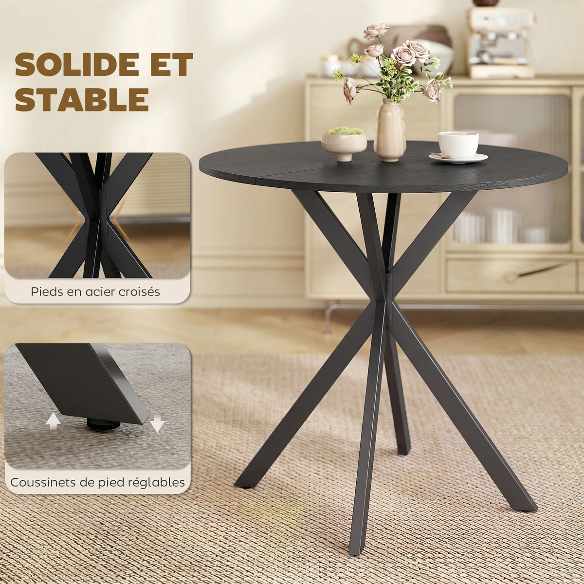 Table à Manger Ronde pour 2 Personnes avec Plateau Aspect Bois et Piètement Croisé en Acier, Noir-5