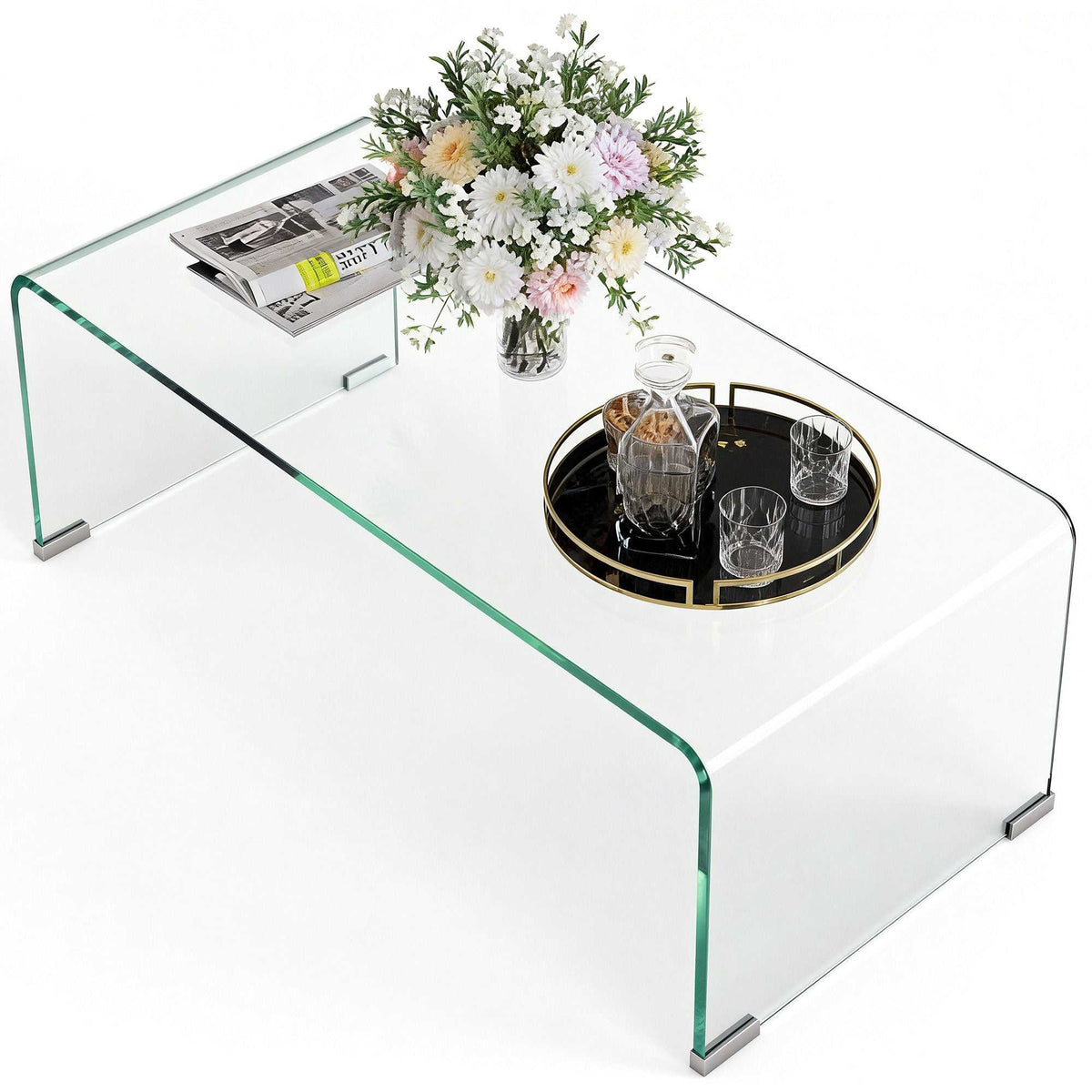 Table basse en verre table de salon rectangulaire design moderne en verre trempé avec bords arrondis sûrs transparent-0