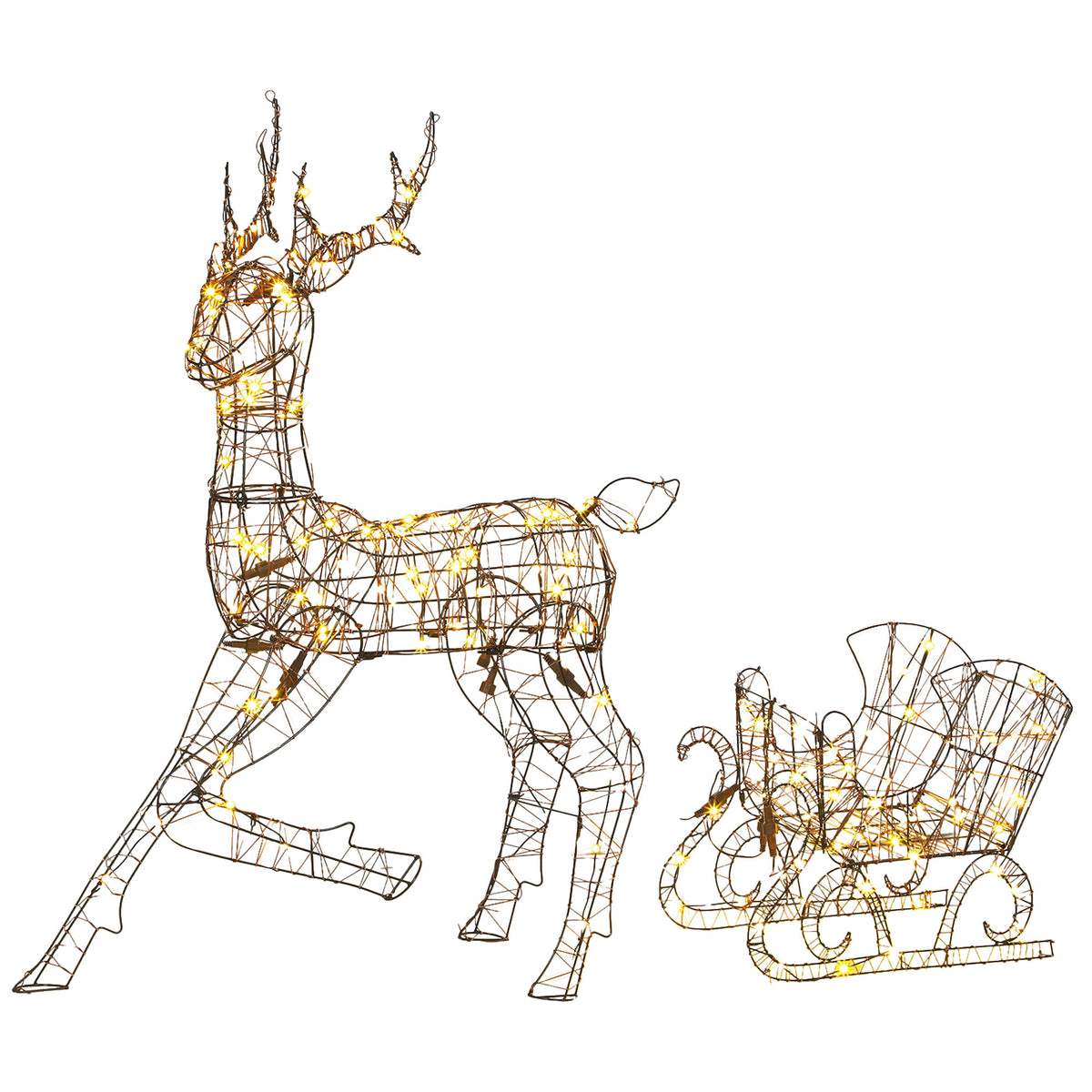 Renne de Noël avec Traîneau Lumineux 2 Pièces en Rotin PP, 175 LED Blanc Chaud, 8 Modes, Minuterie, 82x32x120cm, Marron-0