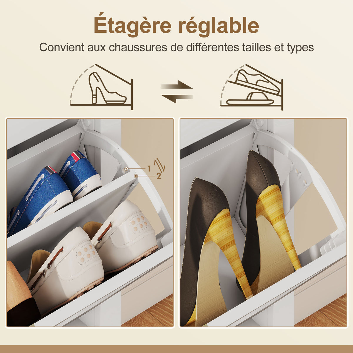 Meuble à chaussures 14 paires bohème avec 2 tiroirs rabattables, portes effet cannage rotin, 80 x 24 x 95,5 cm, blanc-5