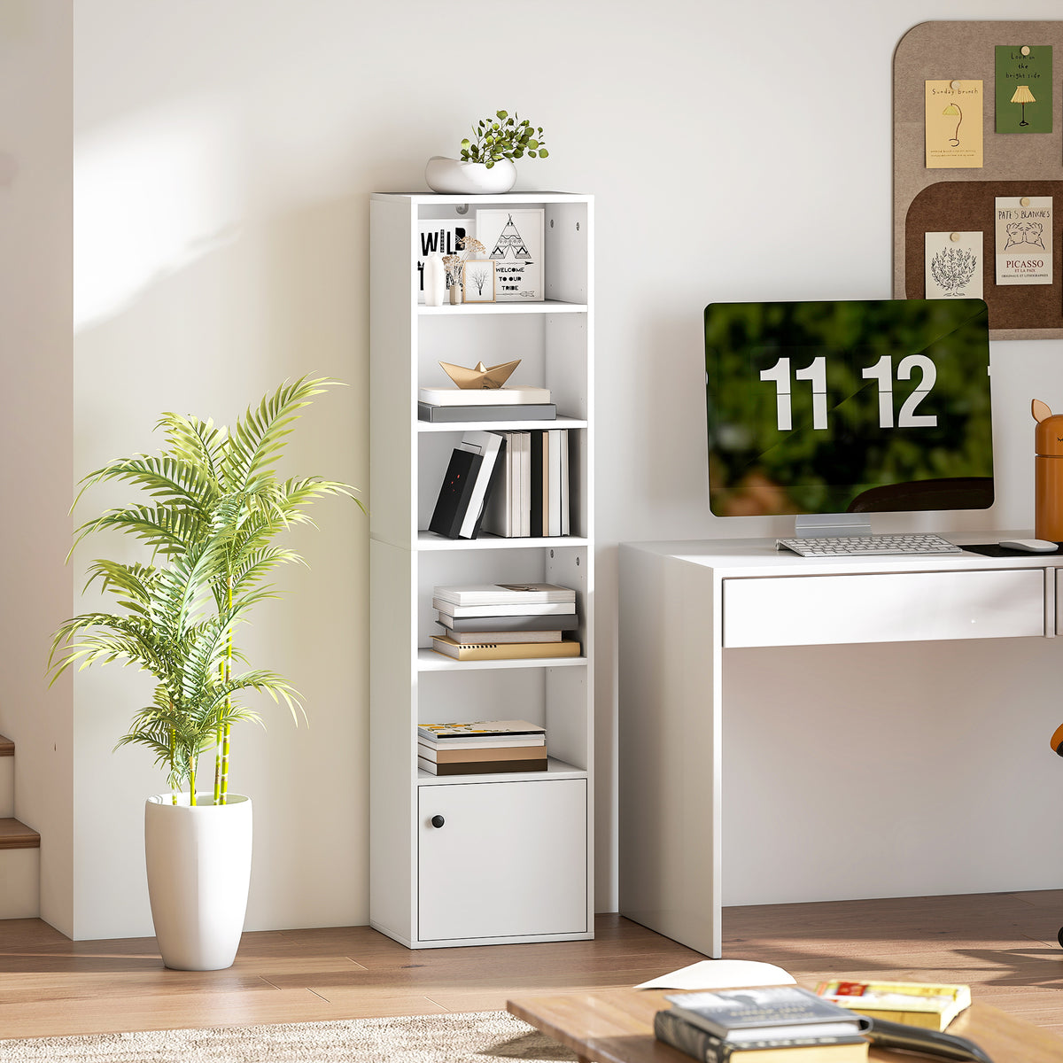 Bibliothèque meuble de rangement 6 niveaux avec 3 étagères réglables et placard, style moderne 40 x 30 x 156 cm blanc-9