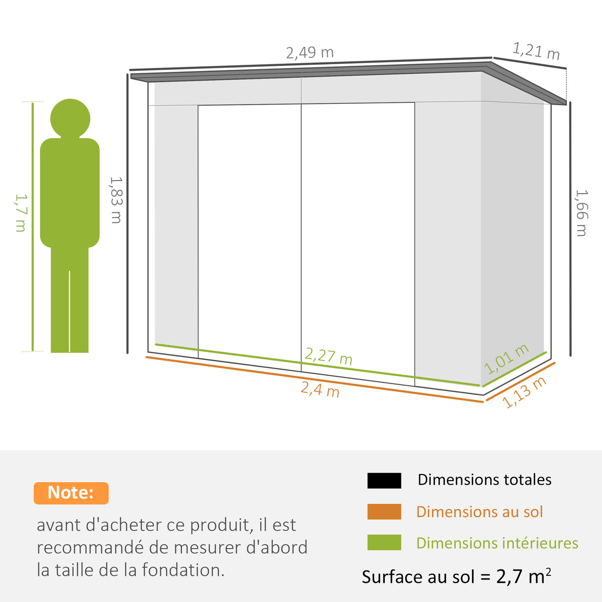 Abri de Jardin 2,7 m², Dim. 249 x 121 x 183 cm gants inclus portes doubles verrouillables ventilations tôle acier gris-2