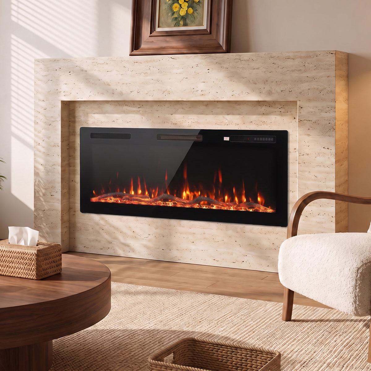 Cheminée Électrique Encastrable Murale ou à Poser 3 en 1 Cheminée Décorative Extra-Plat 900W/1800W Effet Flamme 3D Noir-1