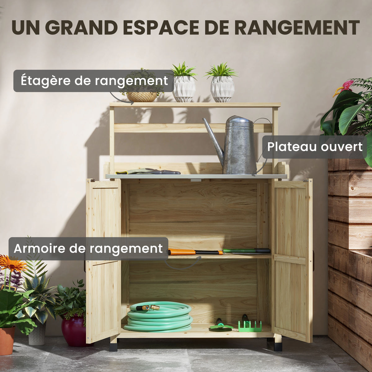 Table de rempotage table de jardinage placard et étagères et plateau patins antidérapants 90,5x41x124,5cm bois naturel-4