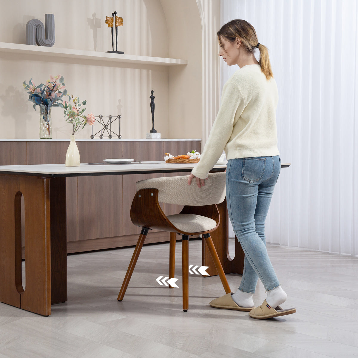 Lot de 2 chaises de salle à manger, chaises de cuisine rembourrées avec dossier incurvé et pieds en bois massif, beige-5