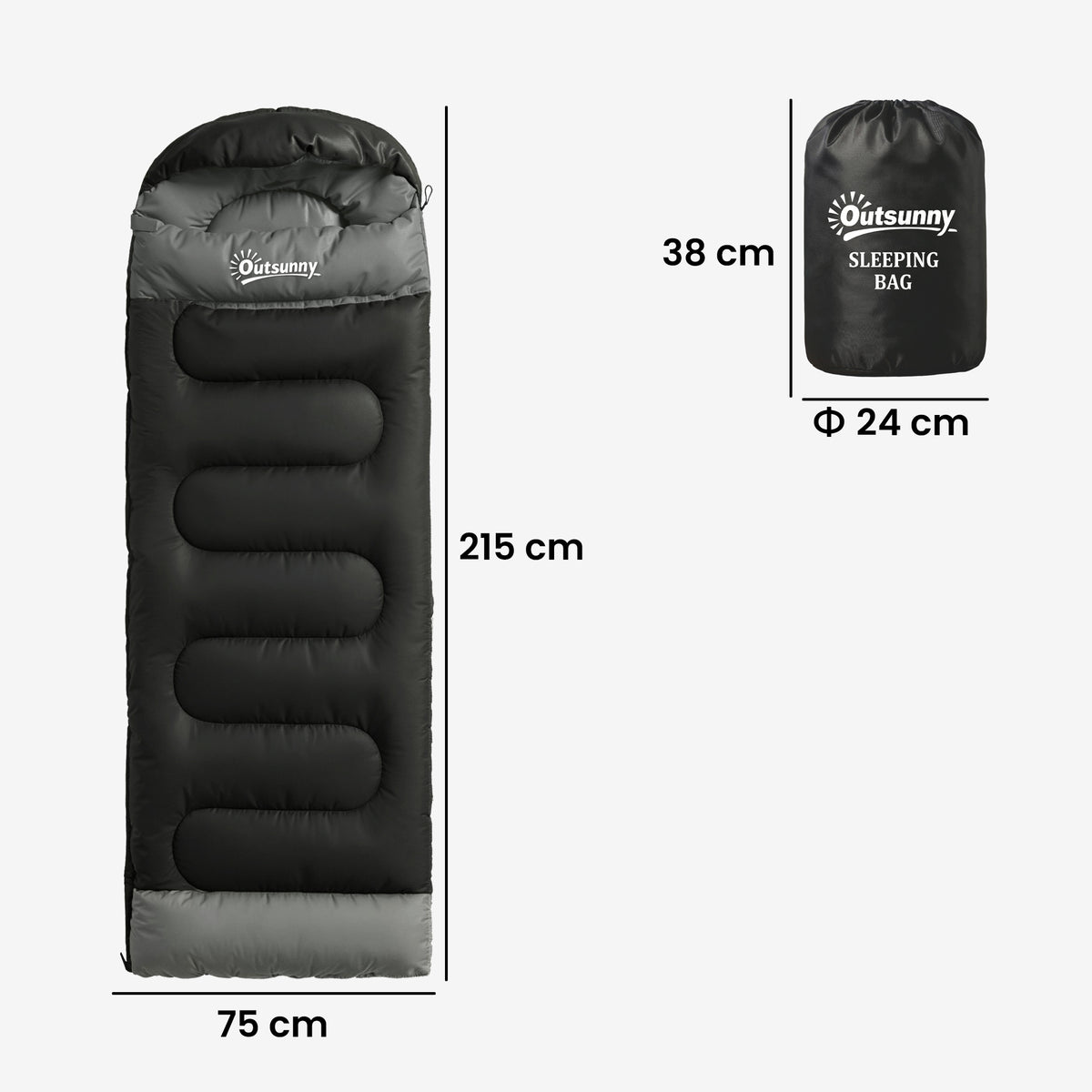 Sac de Couchage Adulte, avec Section Tête, Fermeture Éclair et Sac de Rangement, 300 g/m², 215x75x10cm, Noir-2