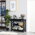 Table de console table d'entrée style table de drapier néo-rétro 2 tiroirs 2 étagères dim. 100L x 30,5l x 80H cm en bois noir-9