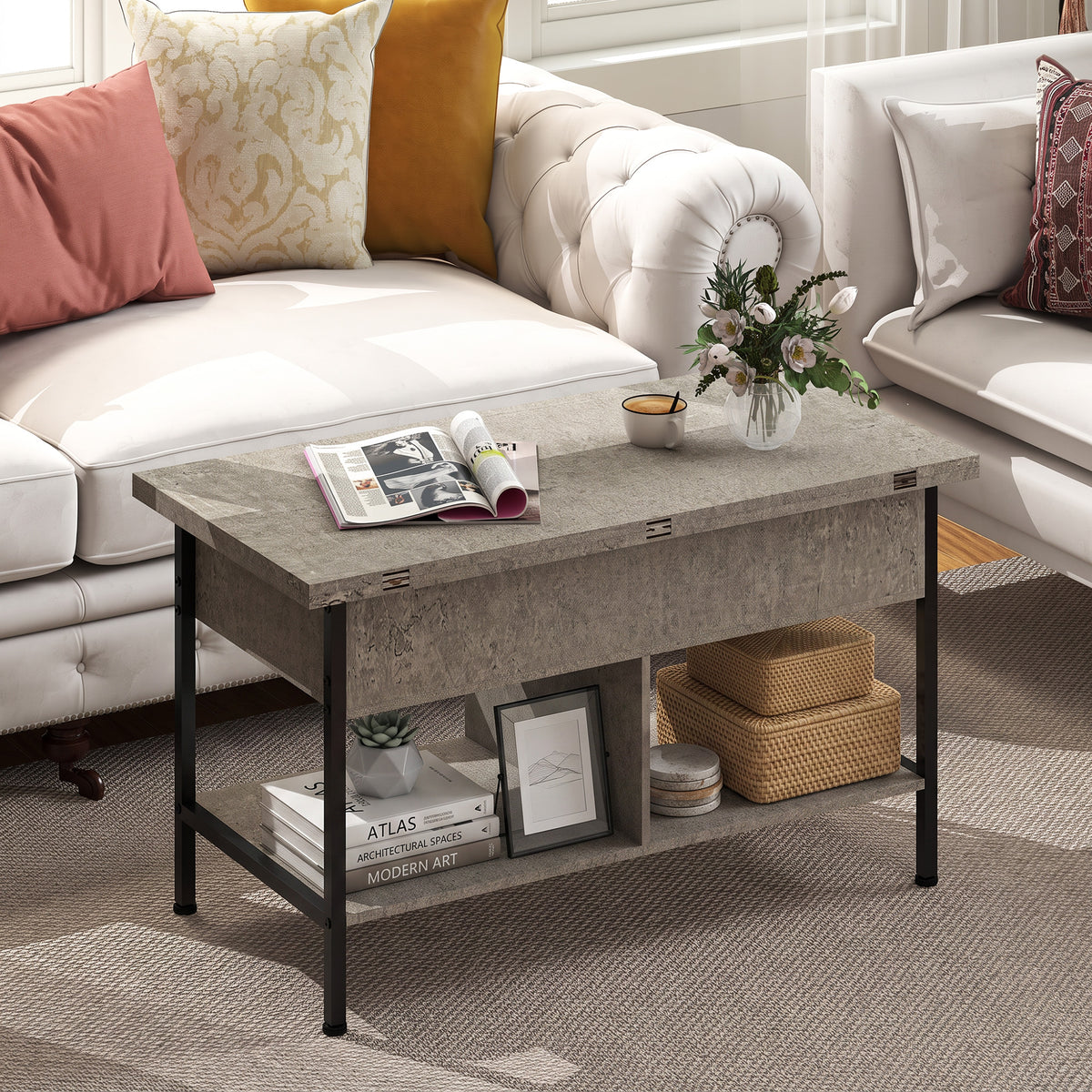 Table basse relevable et extensible, table de salon avec compartiment caché étagères ouvertes, 98x49x55cm, gris-7