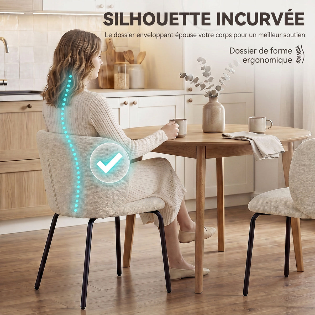 Lot de 2 Chaises Salle à Manger Rembourrées en Chenille, Dossier Incurvé, Pieds Métal, Style Moderne, 57x58x77cm, Beige-4