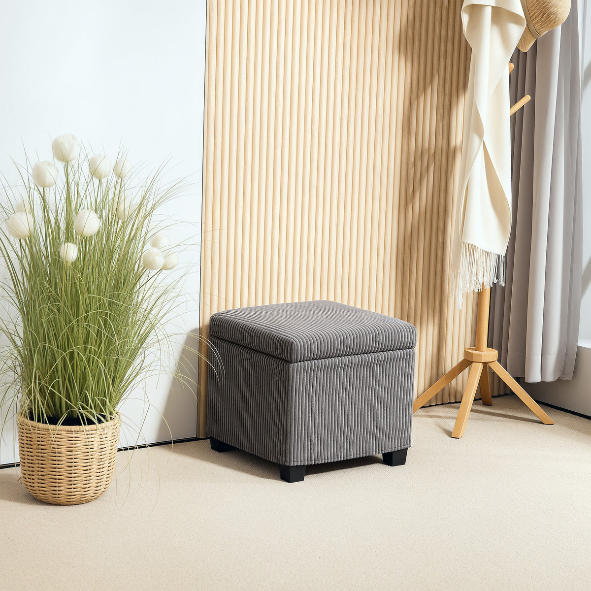Coffre pouf rangement 30 L avec couvercle amovible, ottoman cube rembourré en velours côtelé, 40 x 40 x 40 cm, gris-1