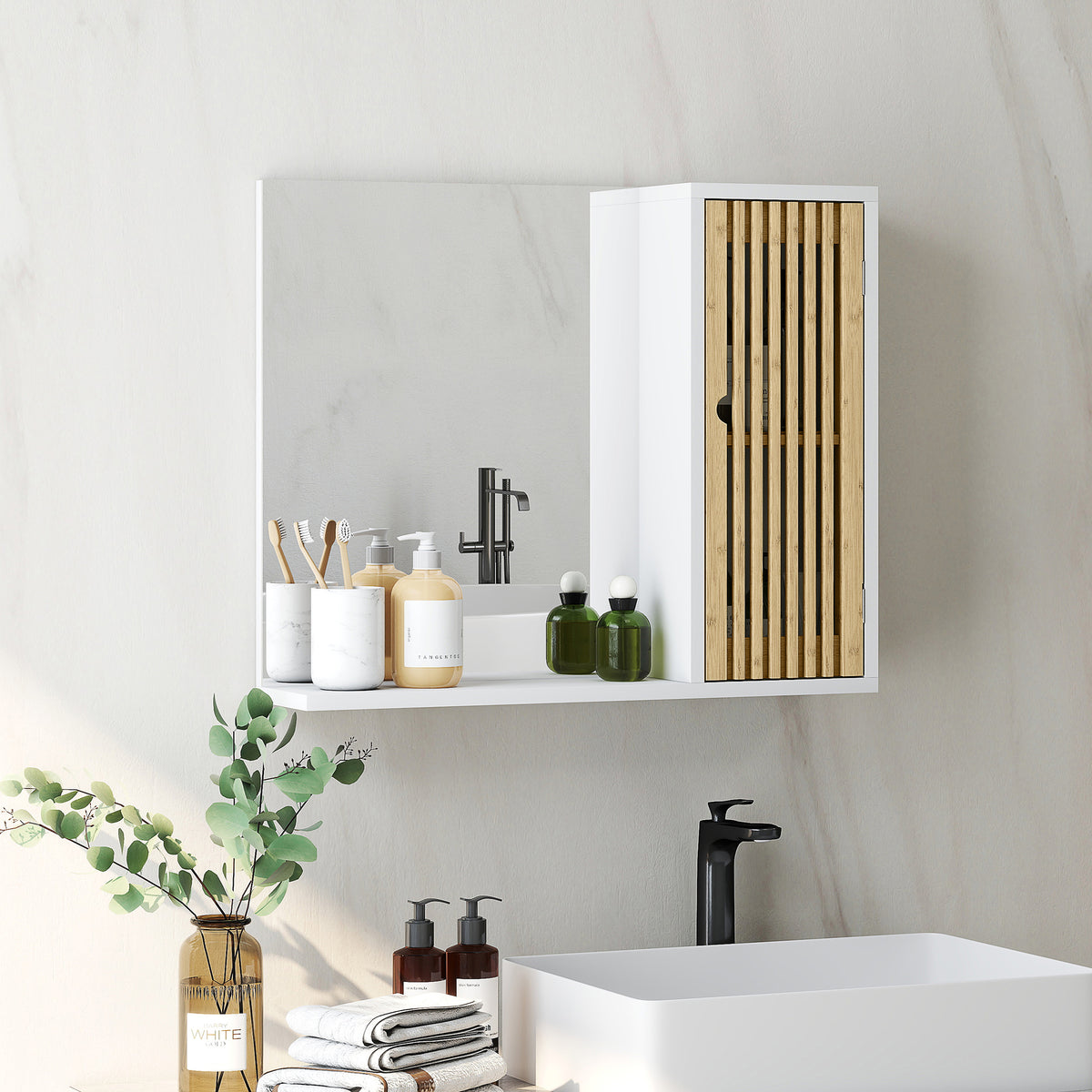 Armoire de salle de bain avec miroir, étagère, porte à lattes en bambou et étagère réglable, blanc-1
