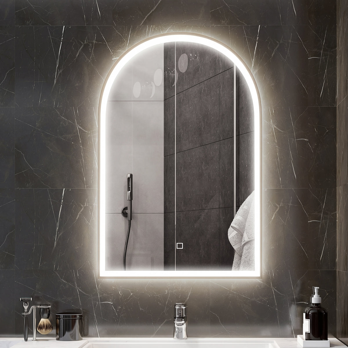 Miroir de salle de bain LED 90 x 60cm, mural, 3 couleurs, arqué cadre en aluminium, désembuage et interrupteur tactile-9