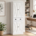 Buffet Haut Cuisine, Armoire de Cuisine avec 4 Portes, Tiroir et Étagères Réglables, Style Rustique, 62x38x173cm, Blanc-8