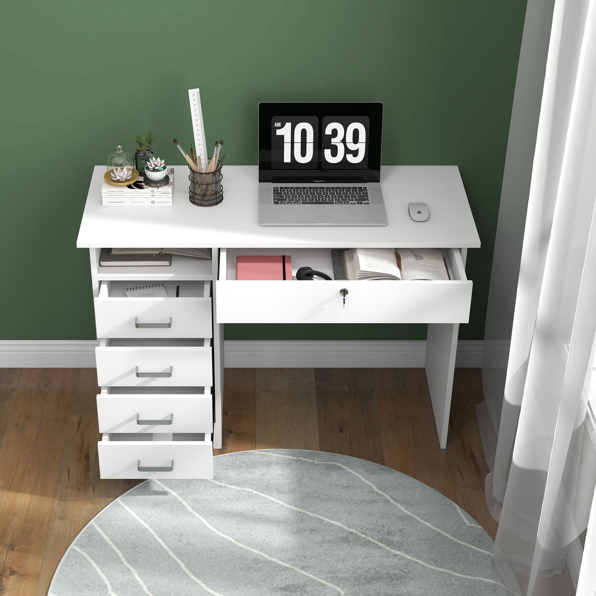 Bureau moderne avec 5 tiroirs, grand plateau, 1 compartiment ouvert, tiroir verrouillable, 110 x 50 x 76cm, blanc-7