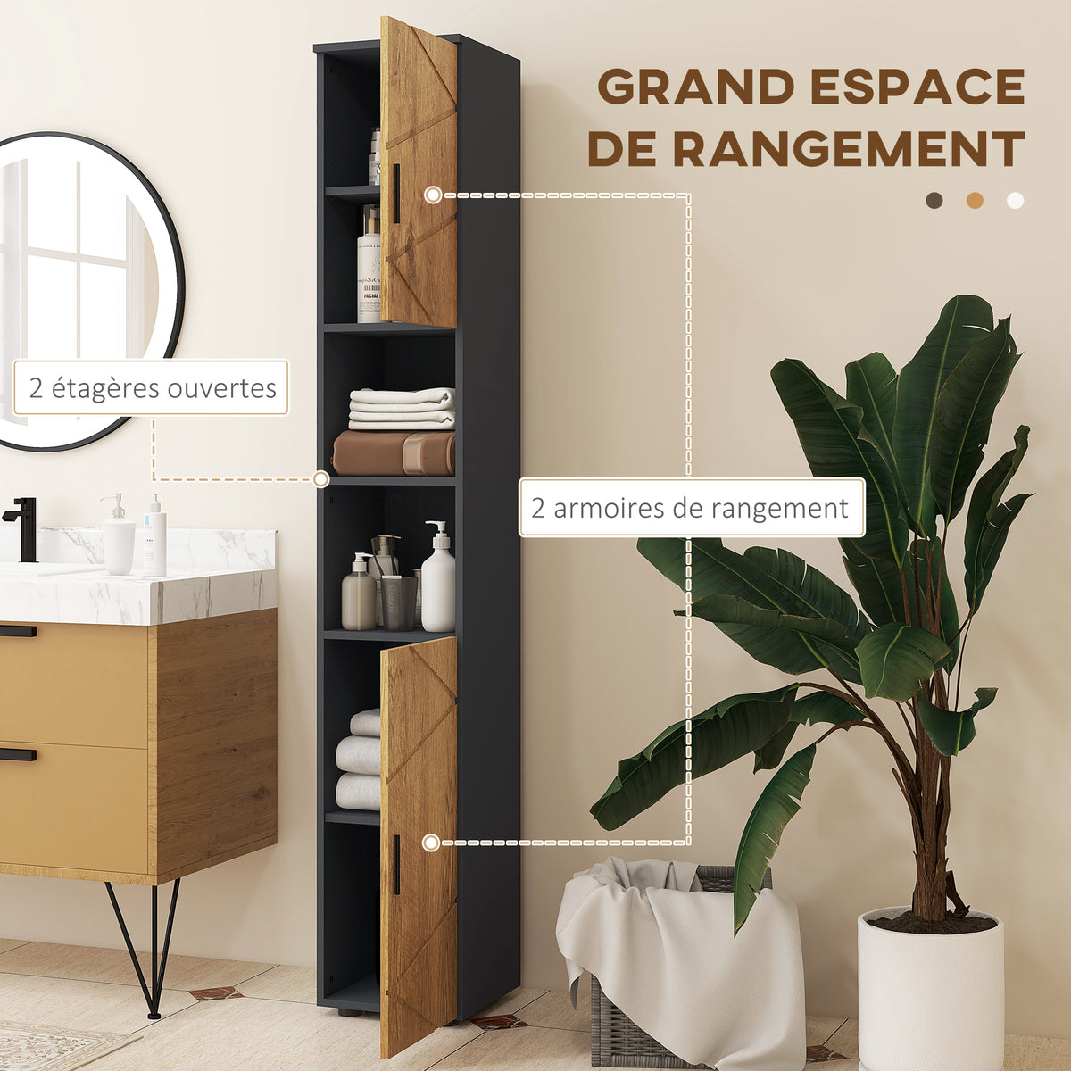 Meuble colonne armoire rangement salle de bain 2 portes étagère réglable 2 niches 30 x 30 x 183 cm chêne gris foncé-3