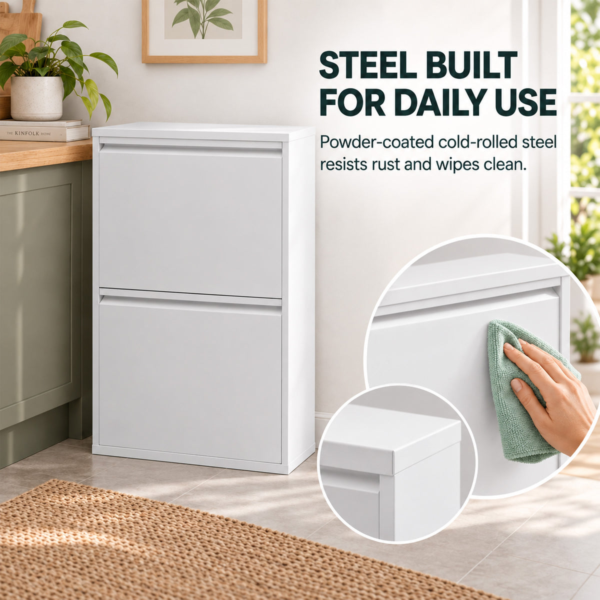 Meuble Poubelle de Tri Sélectif 60 L (4 x 15 L), 4 Compartiments, Fermeture Amortie, Seaux Intérieurs Amovibles, Blanc-7
