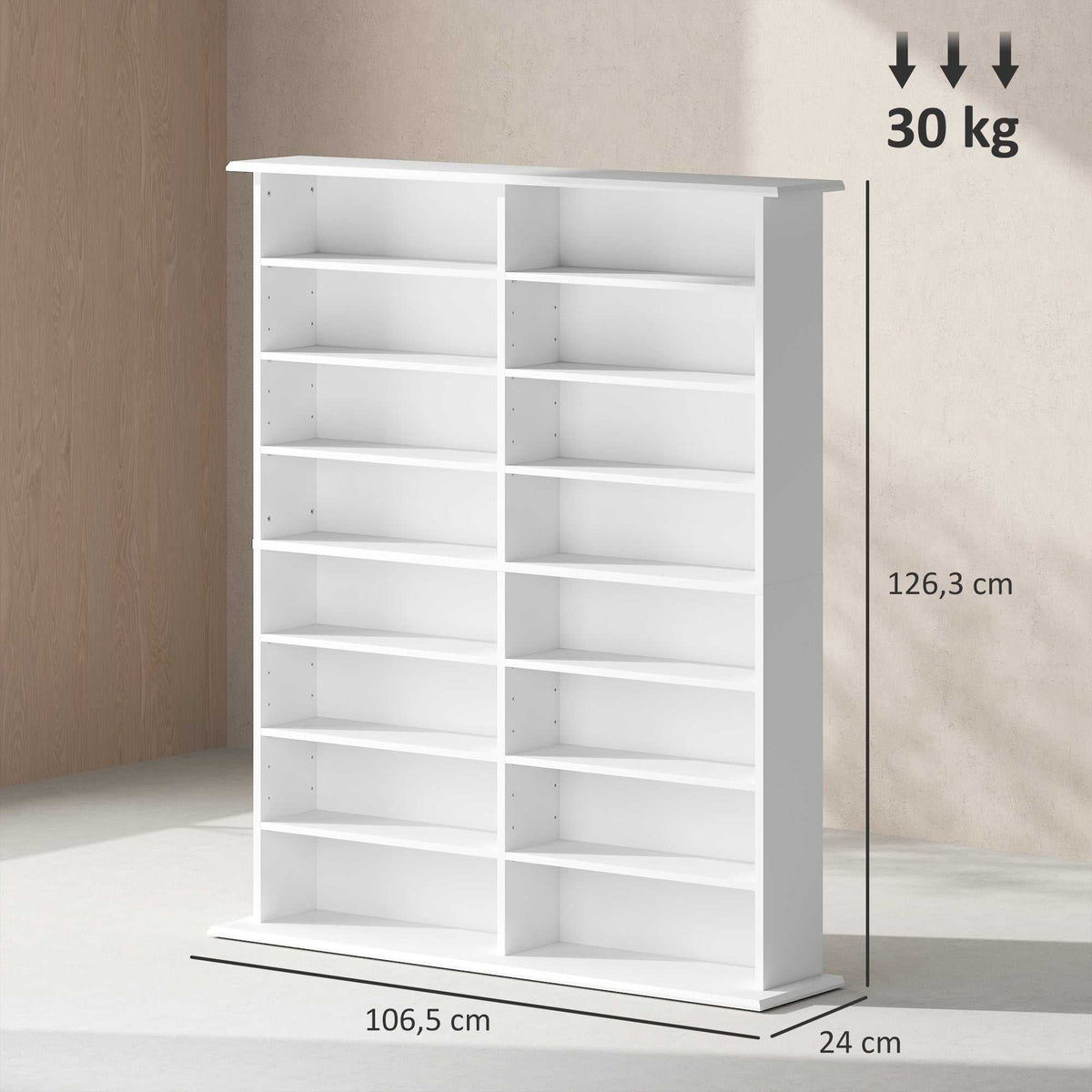 Rangements pour CD et DVD avec 16 compartiments et 12 étagères réglables, capacité max. 720 CD/396 DVD et Blu-ray, blanc-2