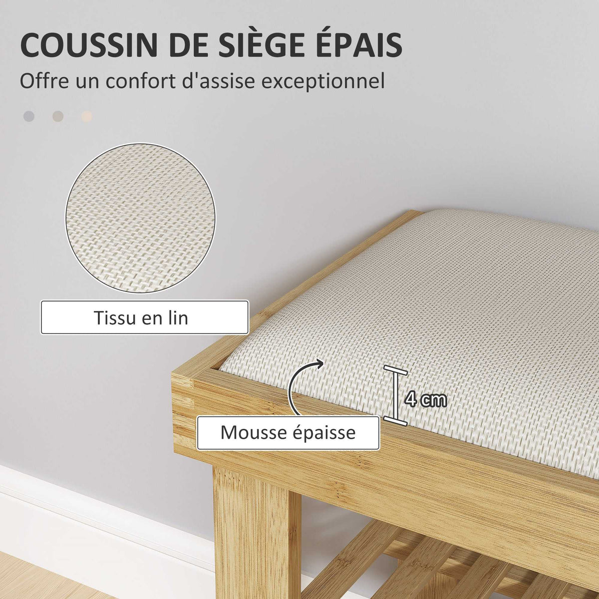 Banc à chaussures en bambou, étagère à chaussures à 3 niveaux, style scandinave, 60 x 29 x 49 cm, crème et bois naturel-3