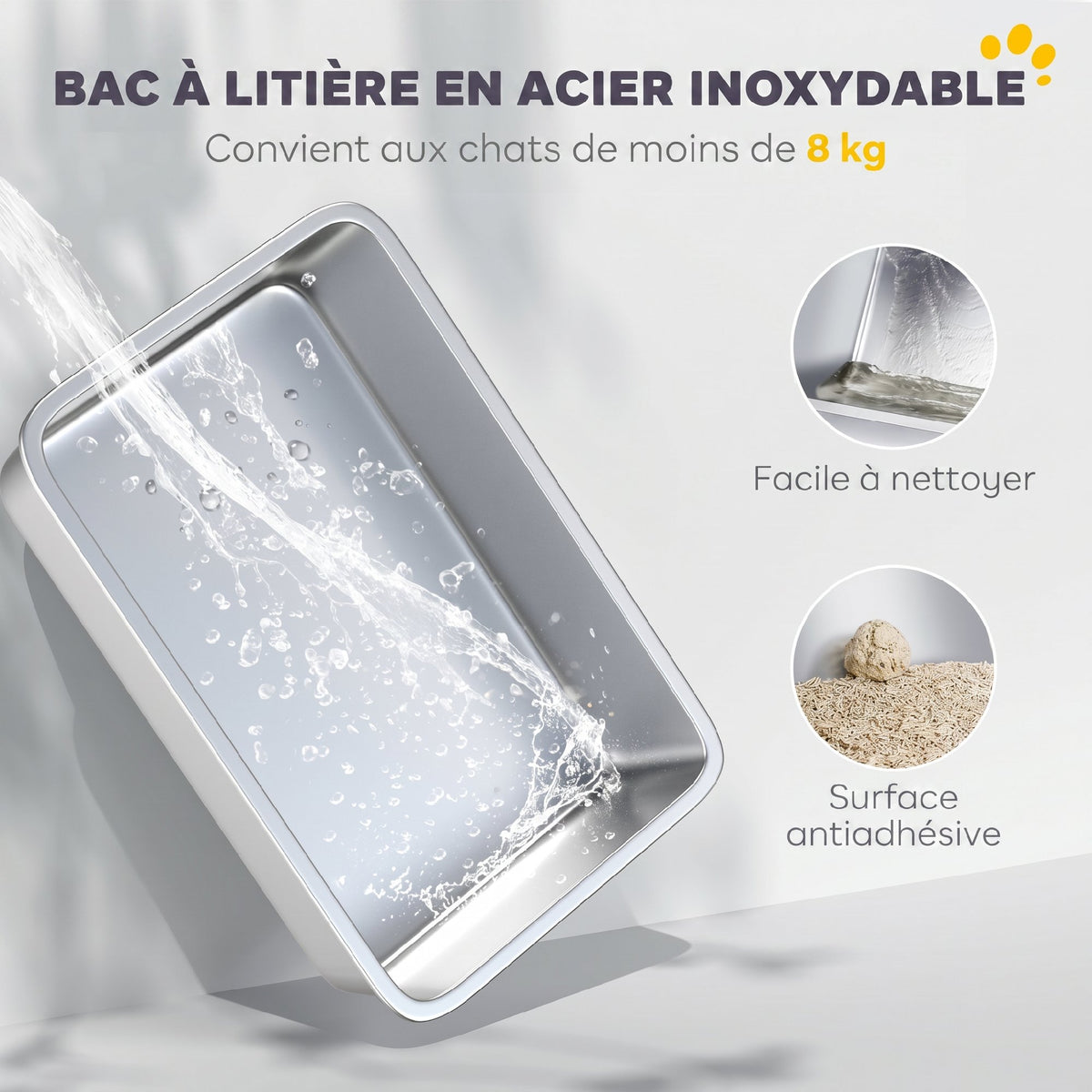 Maison de Toilette pour Chat Bac à Litière Fermé Bac Acier Inoxydable, Nettoyage Facile, 60,4x40,4x41,8cm, Gris Clair-3