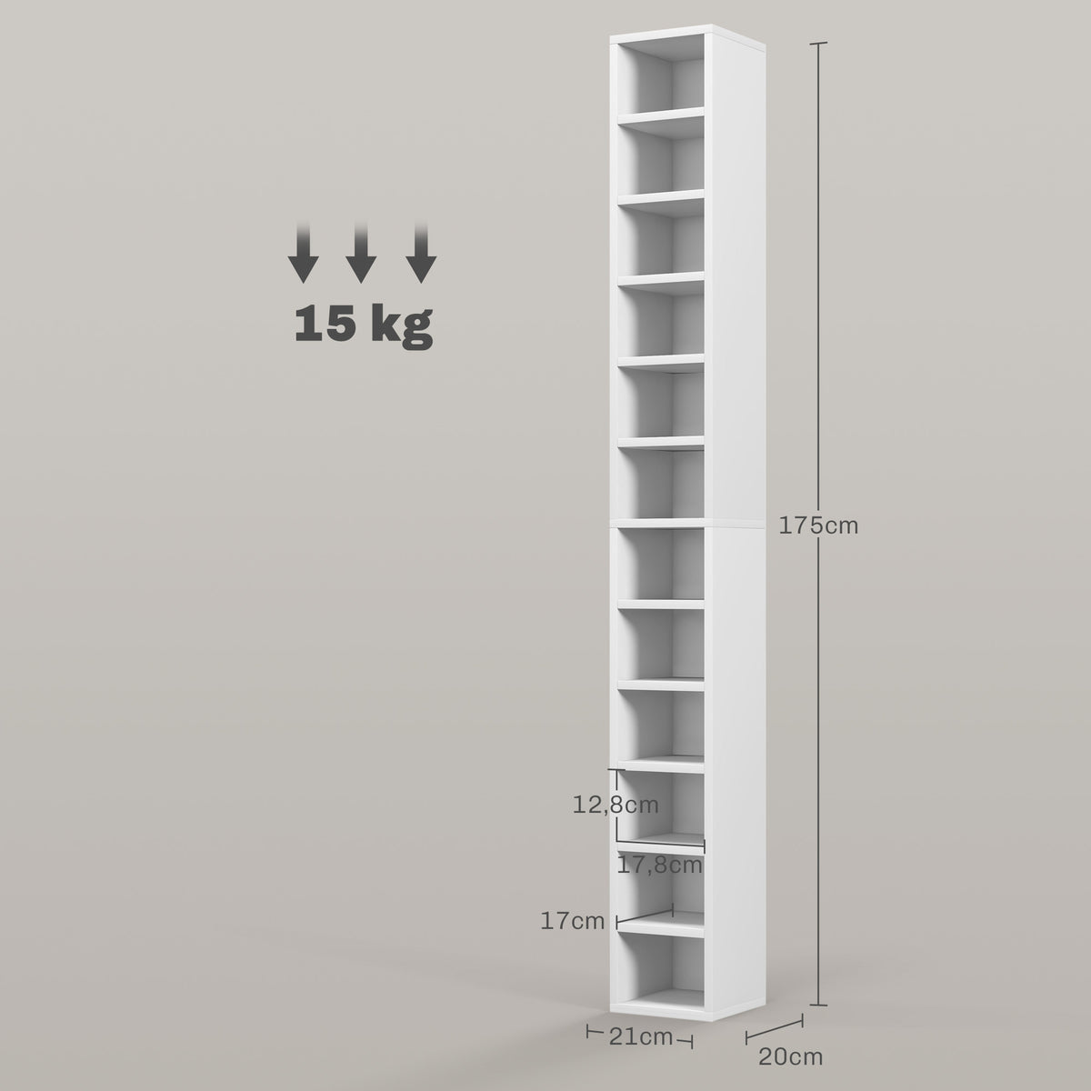 Rangements pour CD et DVD avec 12 compartiments, capacité max. 204 CD, 21 x 20 x 175 cm, blanc-2