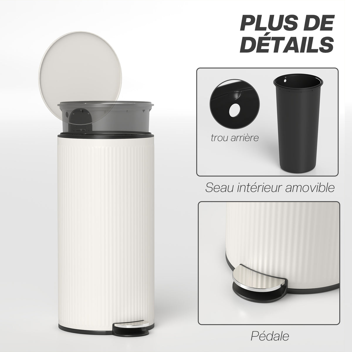 Poubelle cuisine 30L, poubelle à pédale avec seau intérieur amovible, couvercle à fermeture douce, 36x30x60,5cm, crème-6