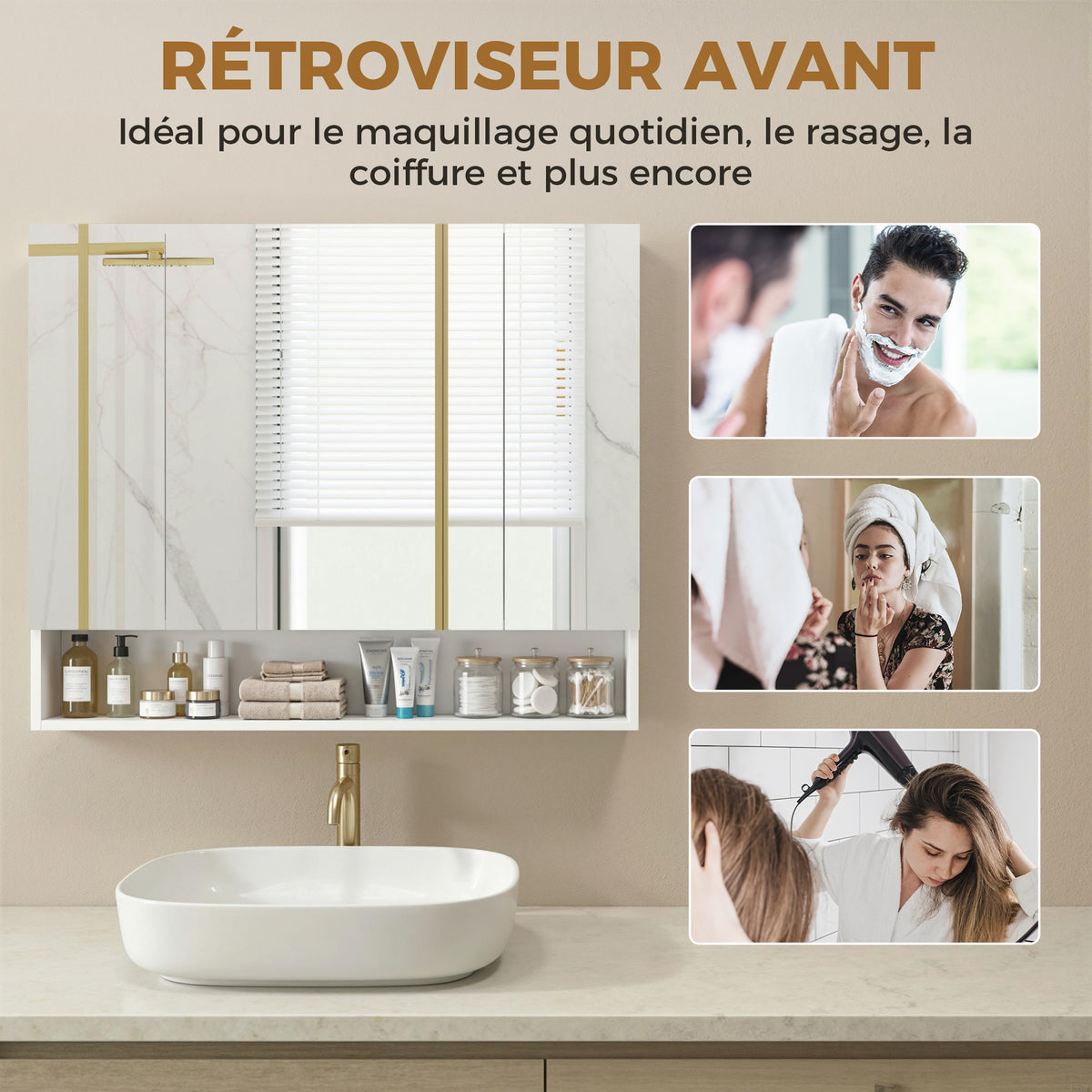 Armoire murale salle de bain avec miroir, armoire de toilette 3 portes miroir, étagères réglables, 90x15x75cm, blanc-6