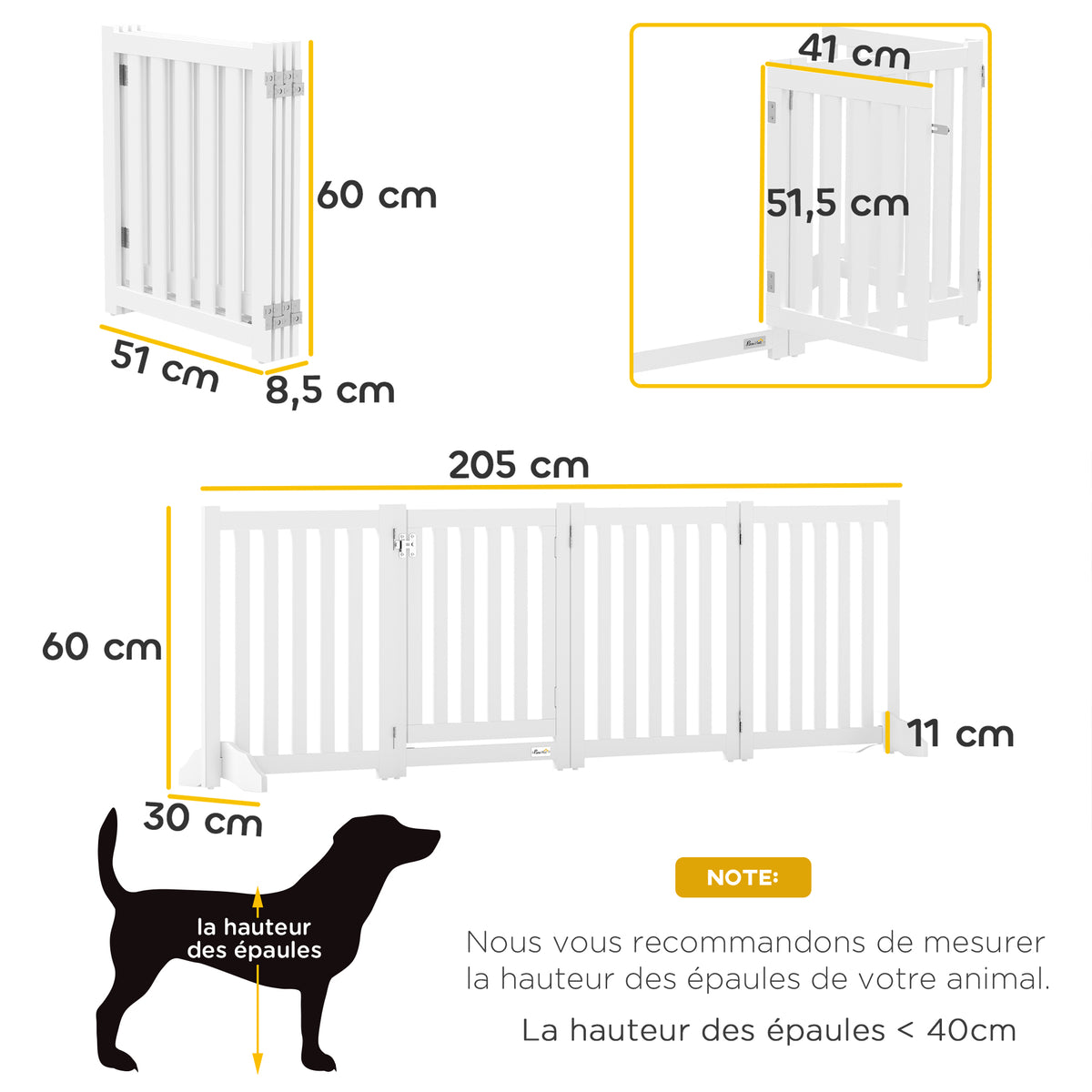 Barrière de Sécurité Chien Pliable Double Face en Bois, 4 Panneaux avec Porte, Pieds de Support, 205 x 60 cm, Blanc-2