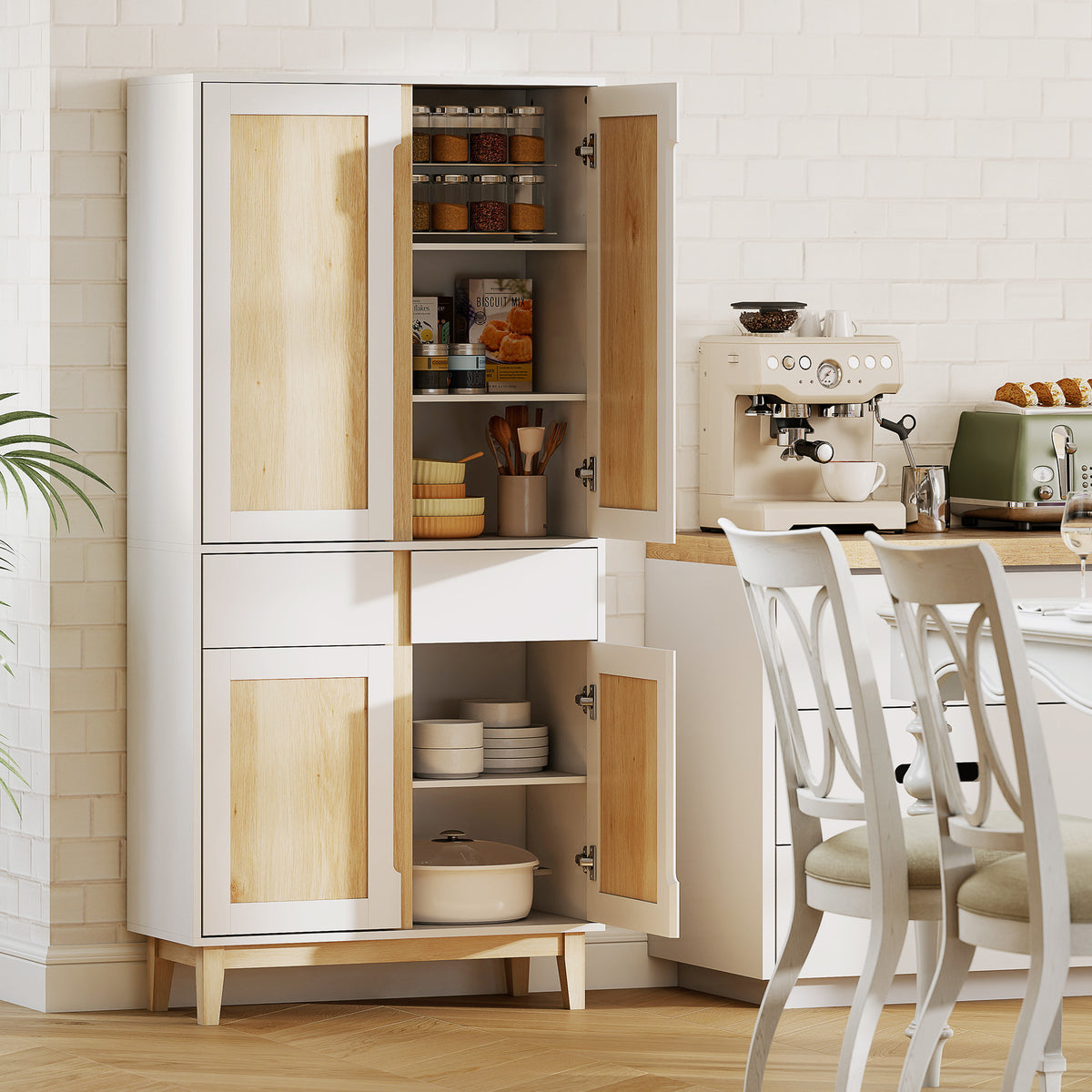 Buffet haut cuisine, armoire de cuisine avec 4 portes, 2 tiroirs et étagères réglables, 80x35x170cm, blanc et chêne-9