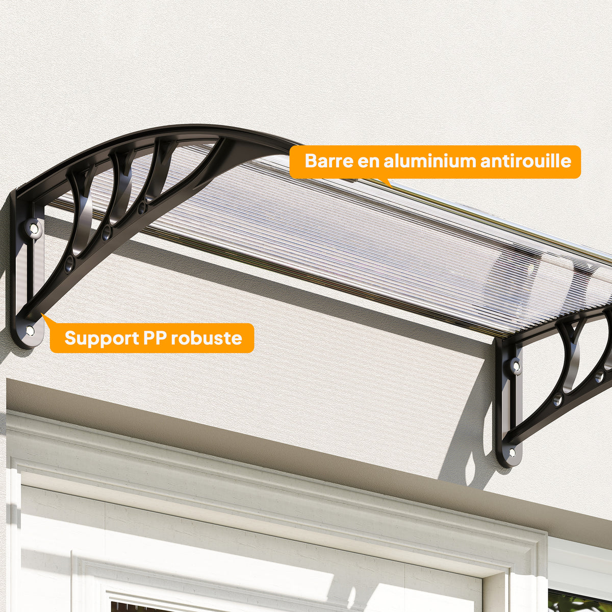 Auvent de porte d'entrée, toit marquise de porte exterieur en polycarbonate et profil aluminium résistante toit abri protection contre la pluie et UV pour terrasse, balcon, 100x75cm, transp.-6