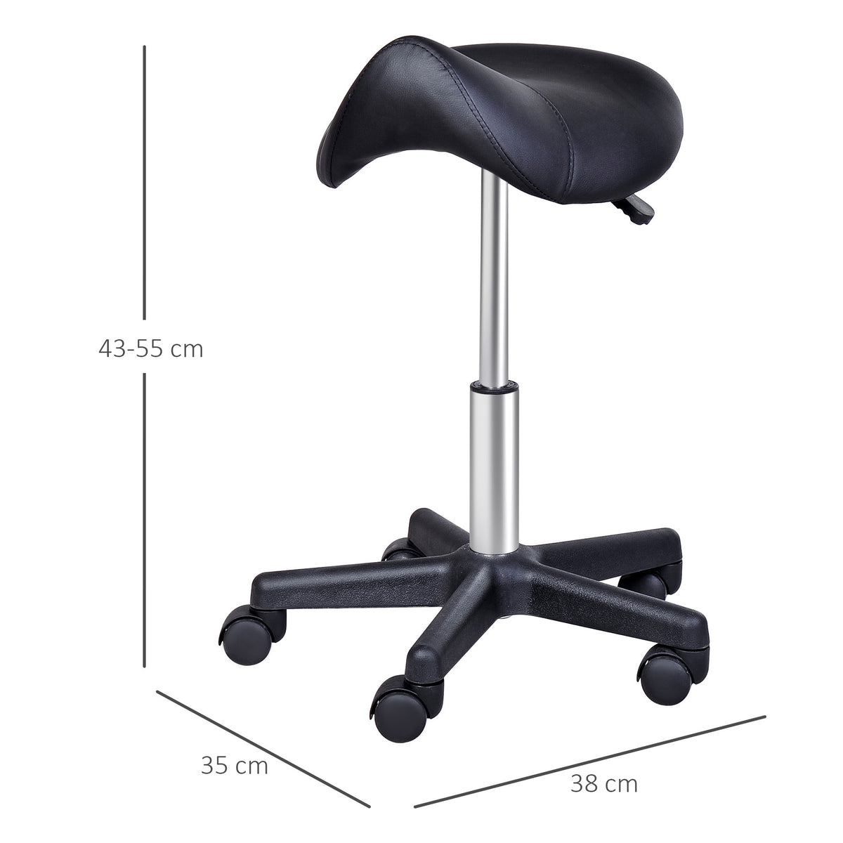 Tabouret à roulettes, tabouret de massage avec hauteur réglable 43-55 cm et selle ergonomique, chaise de travail à roulettes pivotant 360°, pour salon de massage, tatouage, clinique, spa, noir-2