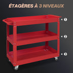 Chariot desserte d'atelier acier 3 plateaux sur roulettes avec poignée charge max. 150 kg 83 x 35,3 x 76 cm acier rouge-3