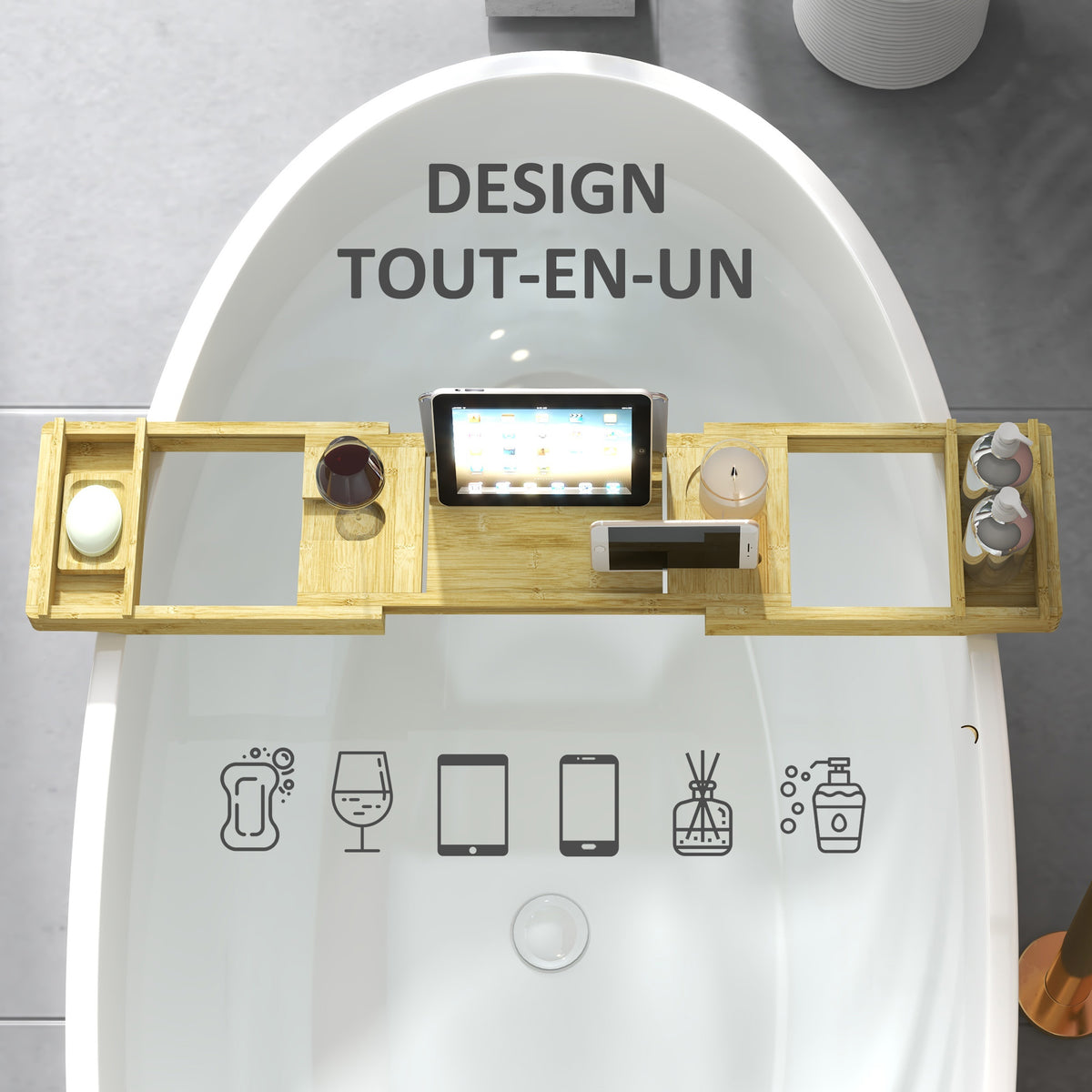 Pont étagère plateau de baignoire extensible en bambou avec porte-gobelet et porte-savon, 75-109 x 23 x 4.5cm-3