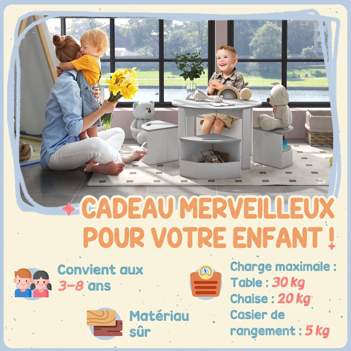 Table Enfant avec 4 Chaises 5 Pièces avec Rangement, Cadeau pour Fille Garçon 3-8 Ans, Ø 78 x 49 cm, Gris-6