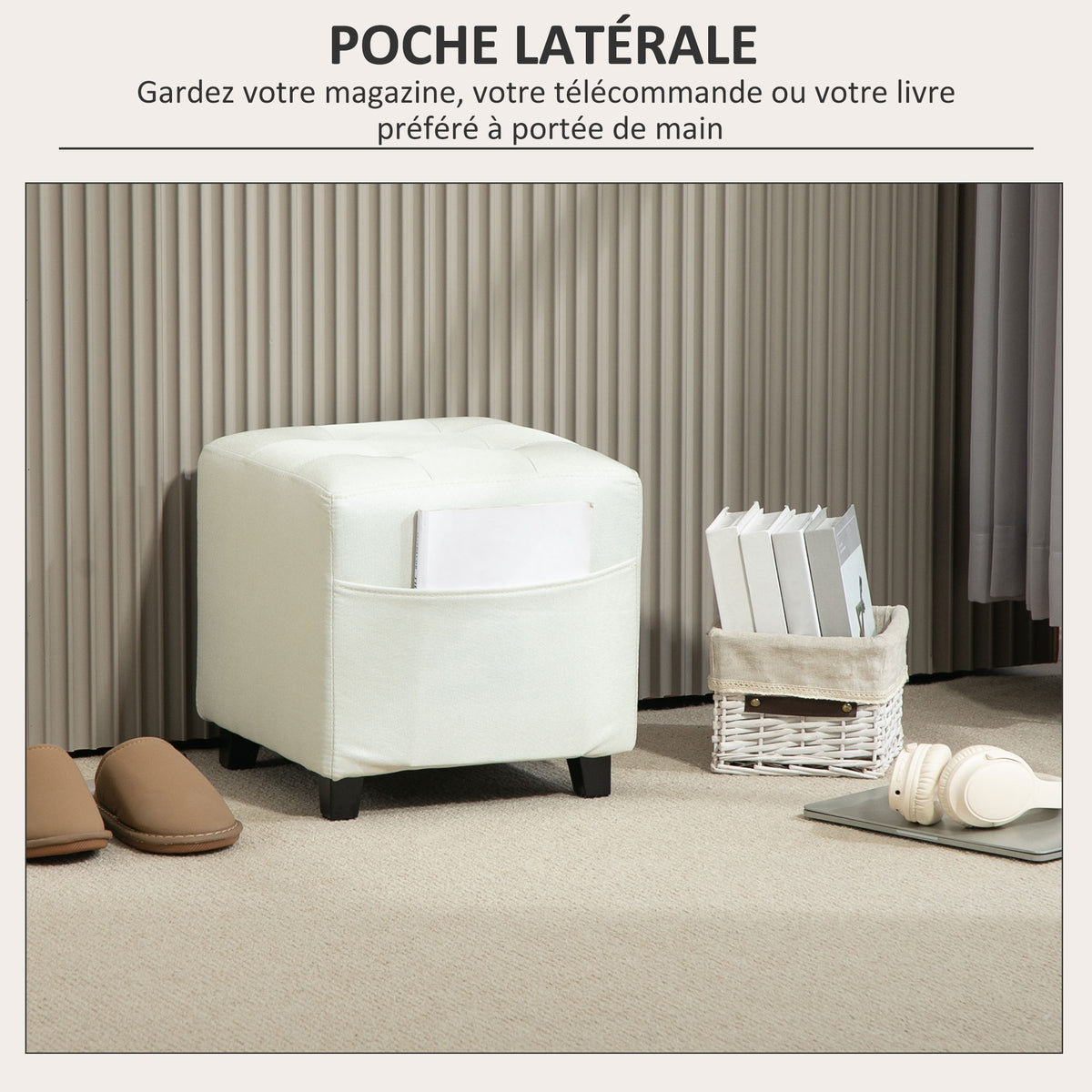 Repose pied salon, ottoman, siège rembourré capitonné en tissu aspect lin avec poche latérale, 35 x 35 x 35 cm, crème-4