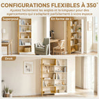 Bibliothèque d'angle rotative 350° à 5 niveaux, étagère de rangement extensible en forme L, 60-111x24x164cm, chêne-3