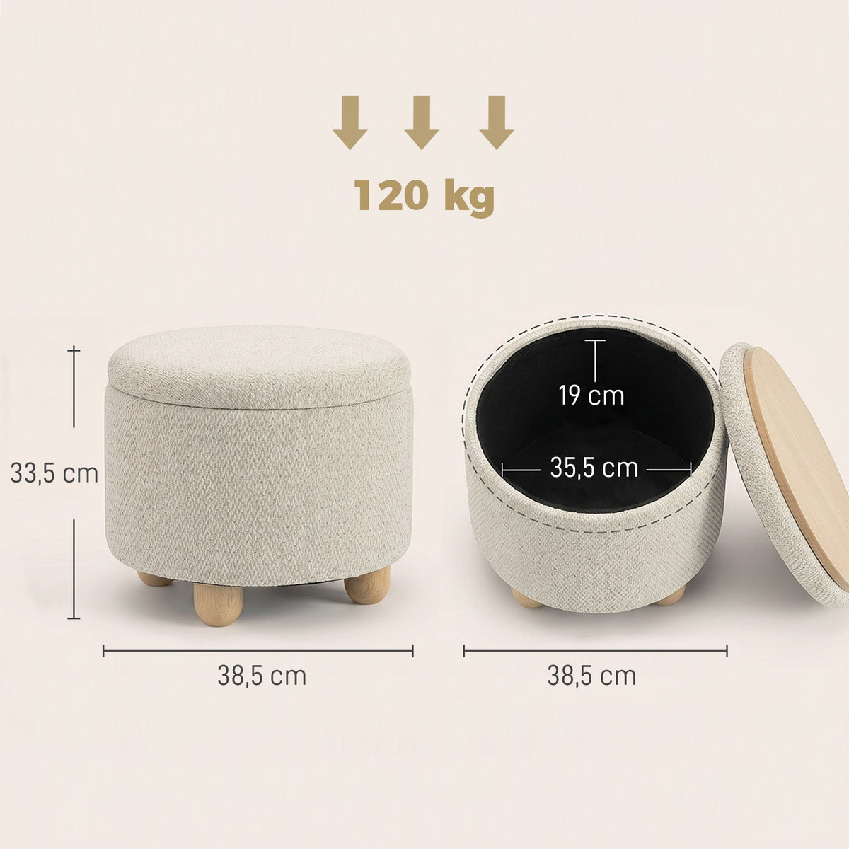 Pouf Coffre de Rangement Rond en Toile de Jute, Repose-pieds avec Couvercle, Pieds Bois Hévéa, Beige-2