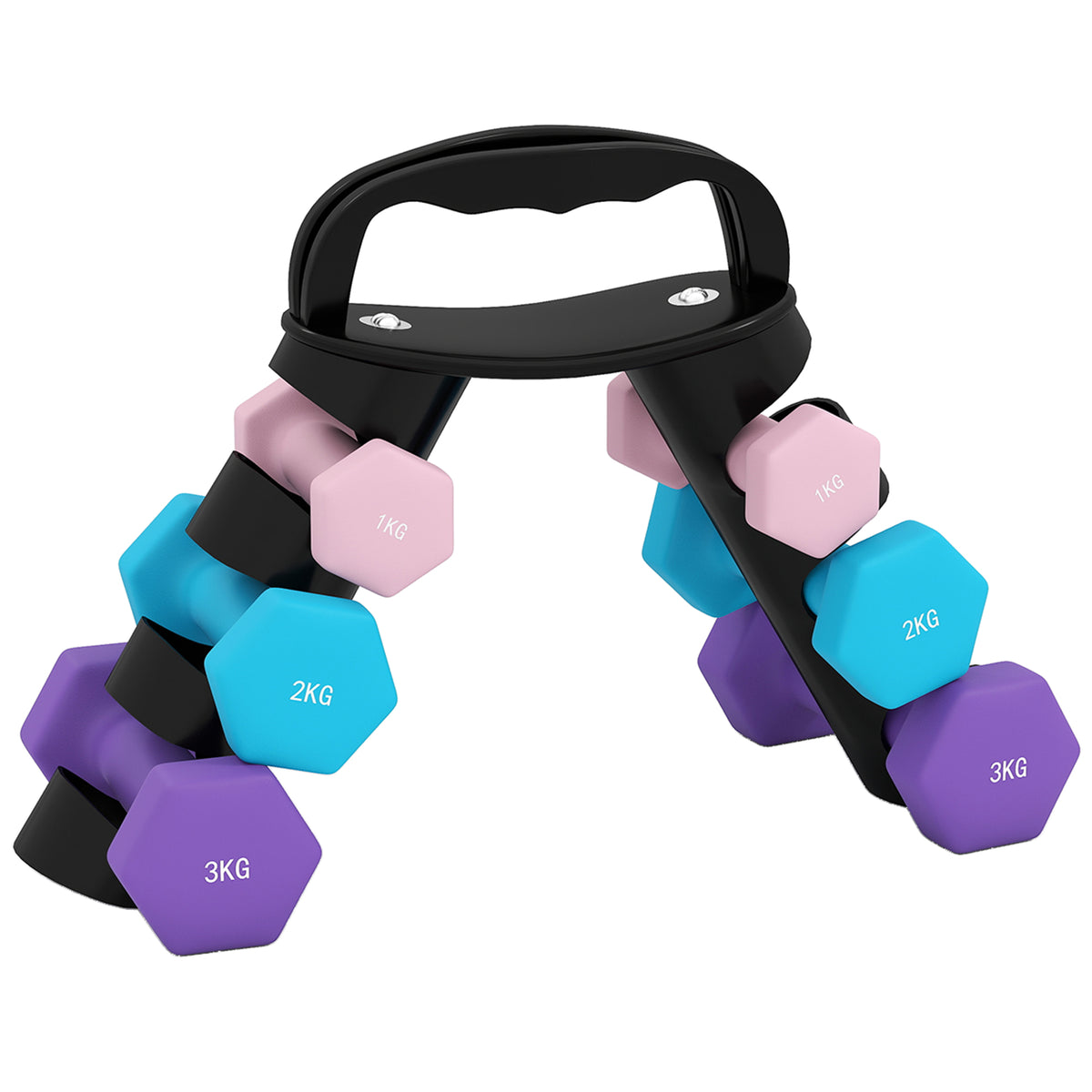 Lot d'haltères hexagonaux, haltères musculation, 2 x 1 kg, 2 x 2 kg, 2 x 3 kg, avec support convertible d'haltères-0