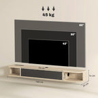 Meuble TV suspendu, meuble télé pour téléviseur jusqu'à 60 pouces, tiroir rabattable 2 étagères 140x24x16cm bois naturel-2