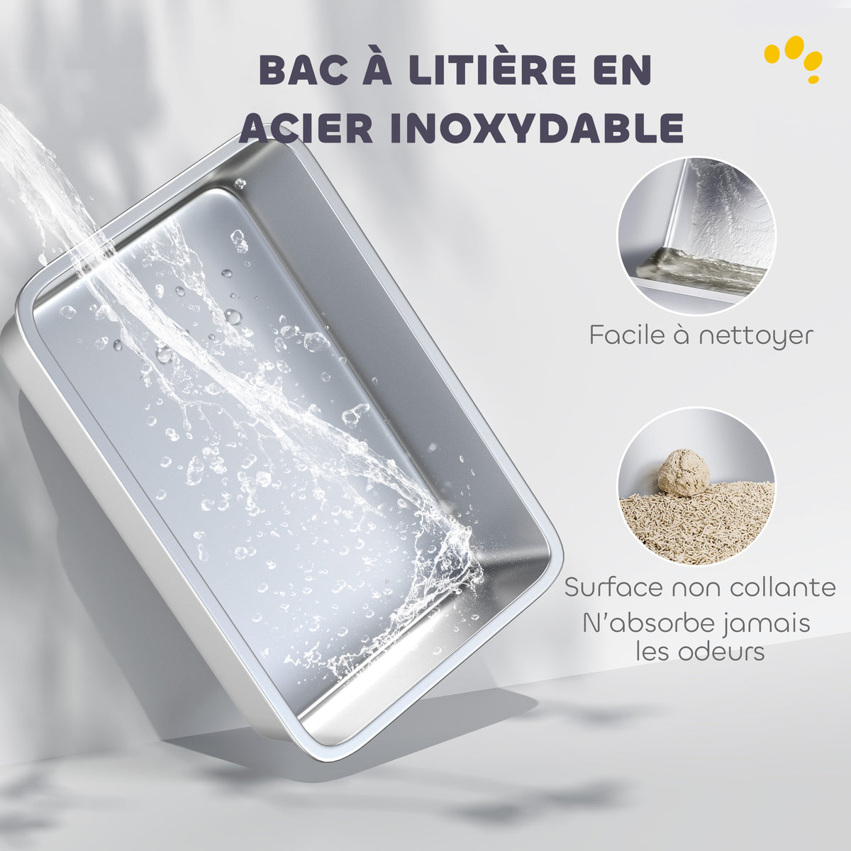 Bac à Litière XL en Acier Inoxydable, Parois Latérales Hautes, Pédale et Tapis Filtrants, Pelle, 60,2x40,2x29,6cm, Gris-3