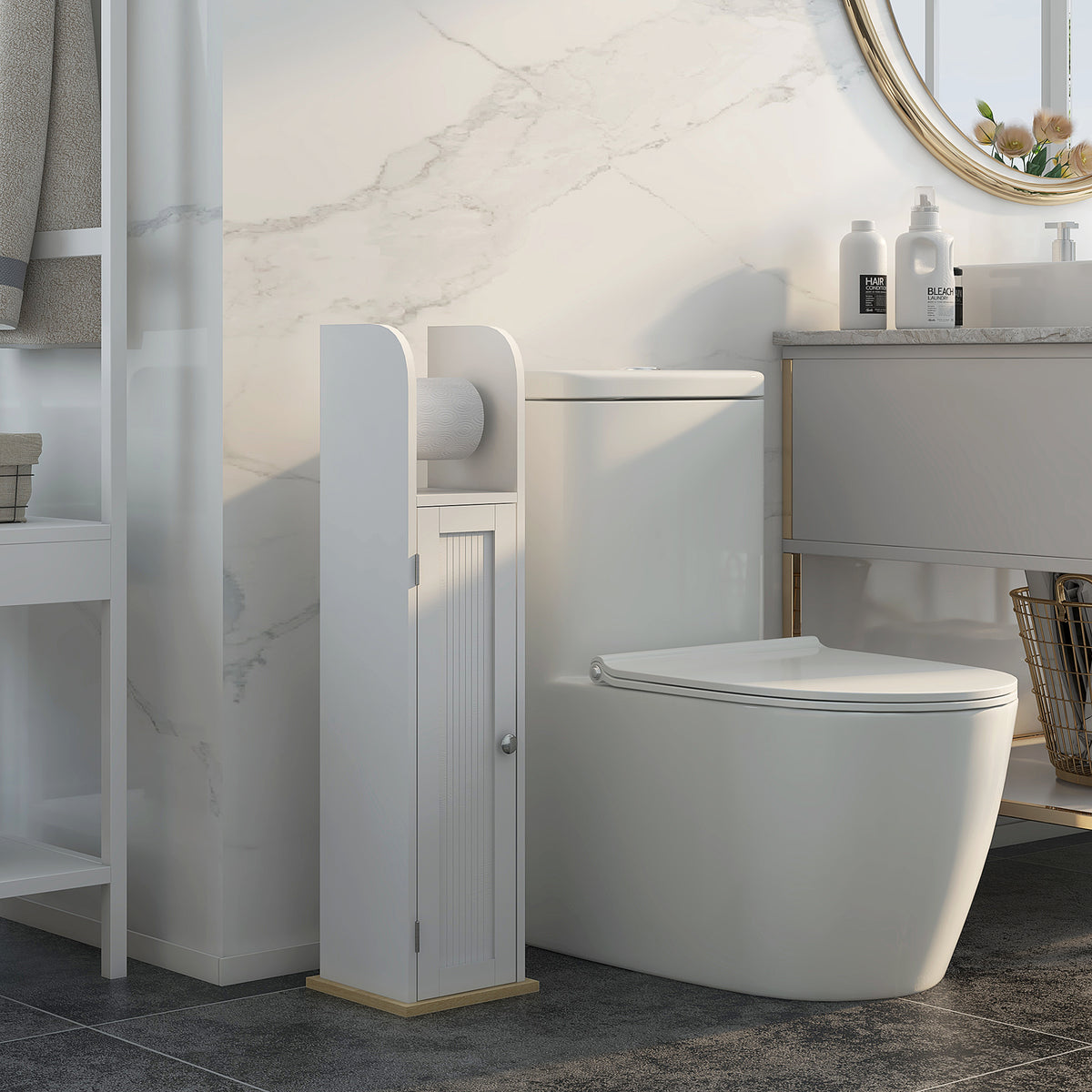 Meuble de salle de bain support papier toilette avec placard et étagères réglables 20 x 20 x 80 cm blanc-1